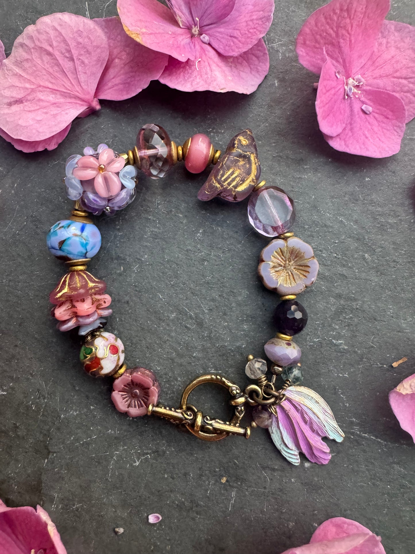 Handmade flower lampwork glass, Czech glass, ceramic, brass metal.