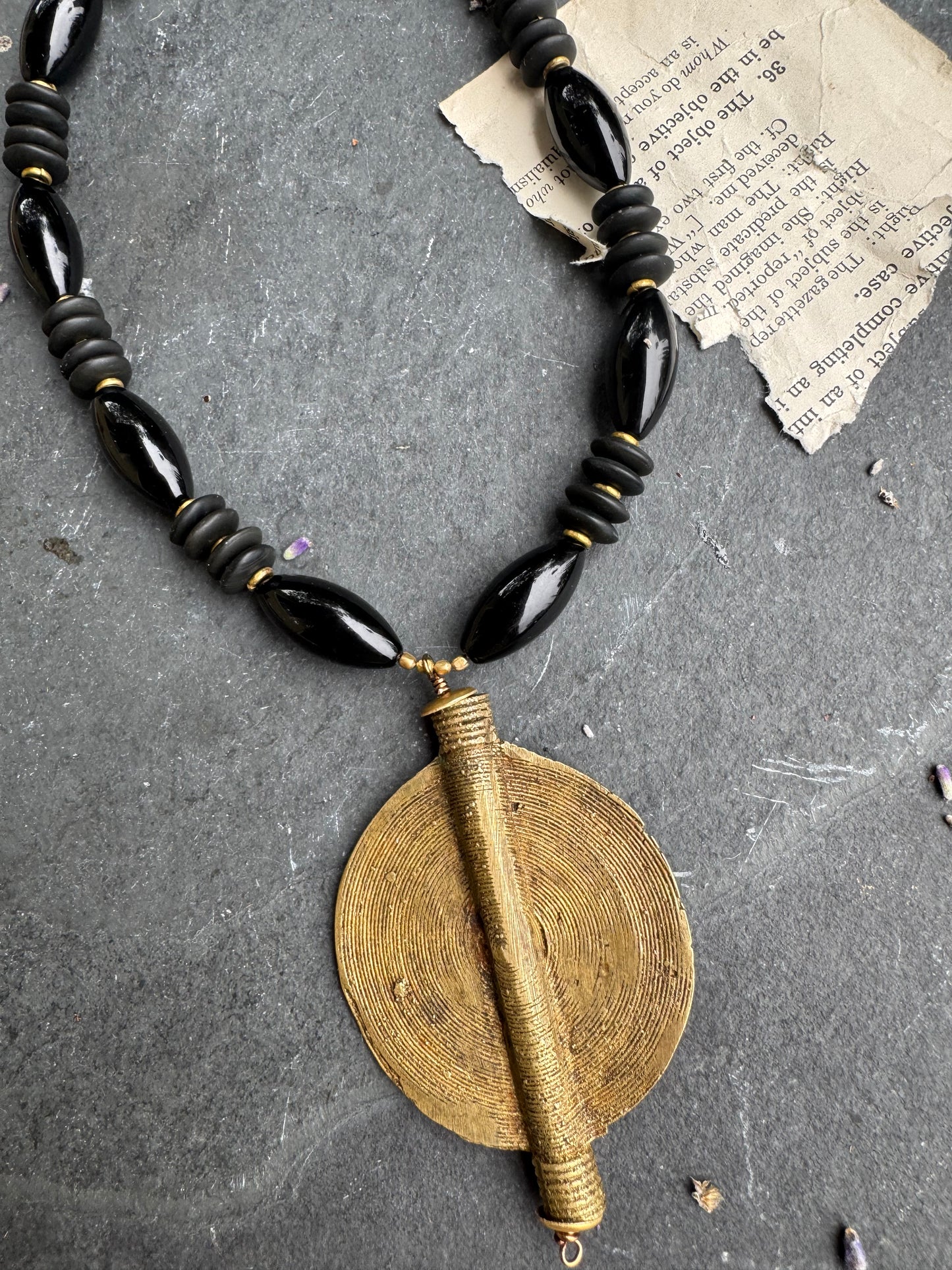 Black onyx Stone, African glass, african brass, necklace, jewelry