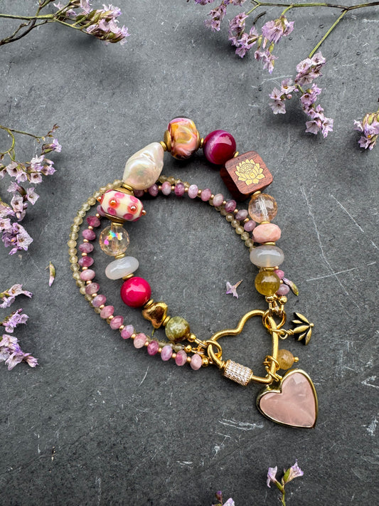 Lampwork glass, pearl, mixed stone, ceramic, rhinestone heart clasp, bracelet