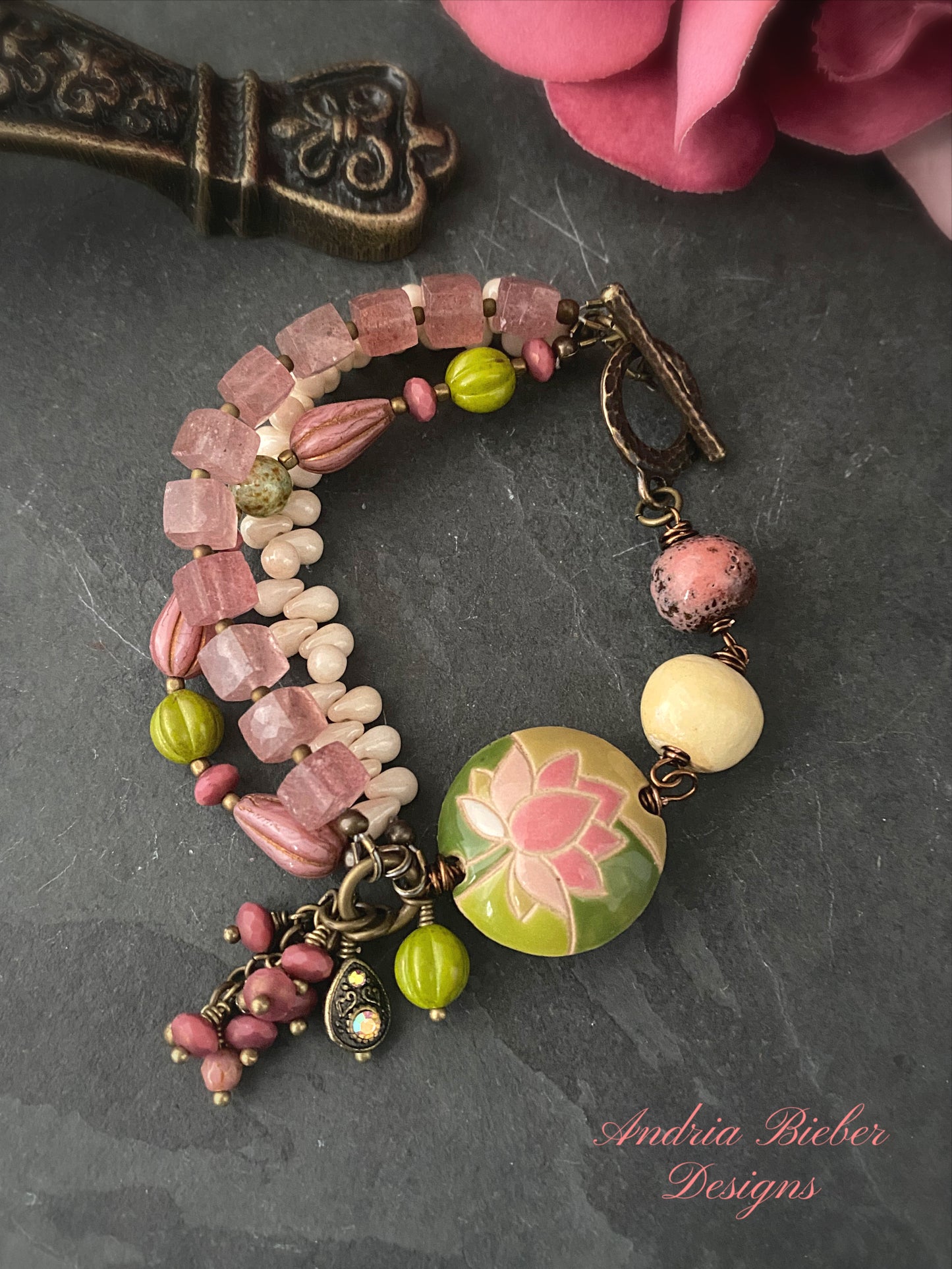 Lotus flower ceramic, strawberry, quartz , Czech glass, bronze metal, bracelet, jewelry