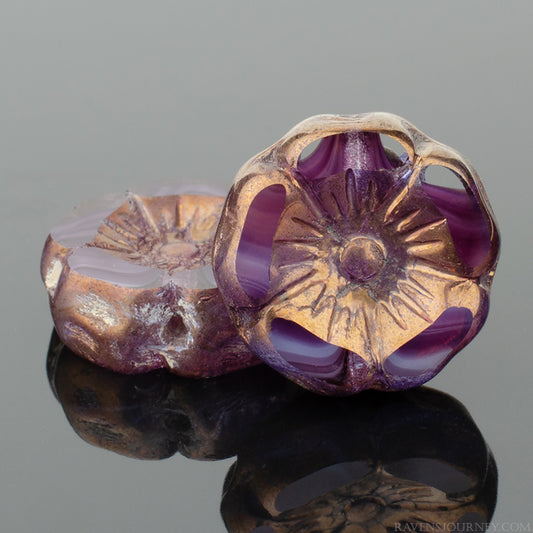 Hibiscus Flower (7mm) Crystal Transparent Purple Stripe Mix with Bronze Finish
