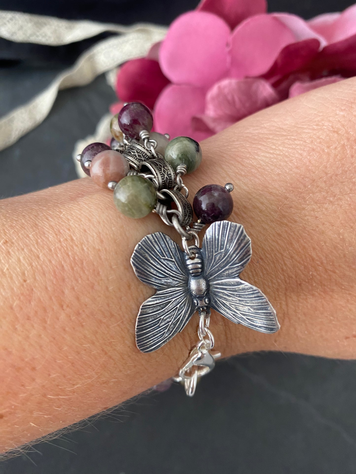 Watermelon tourmaline gemstone, chain, silver bracelet, jewelry