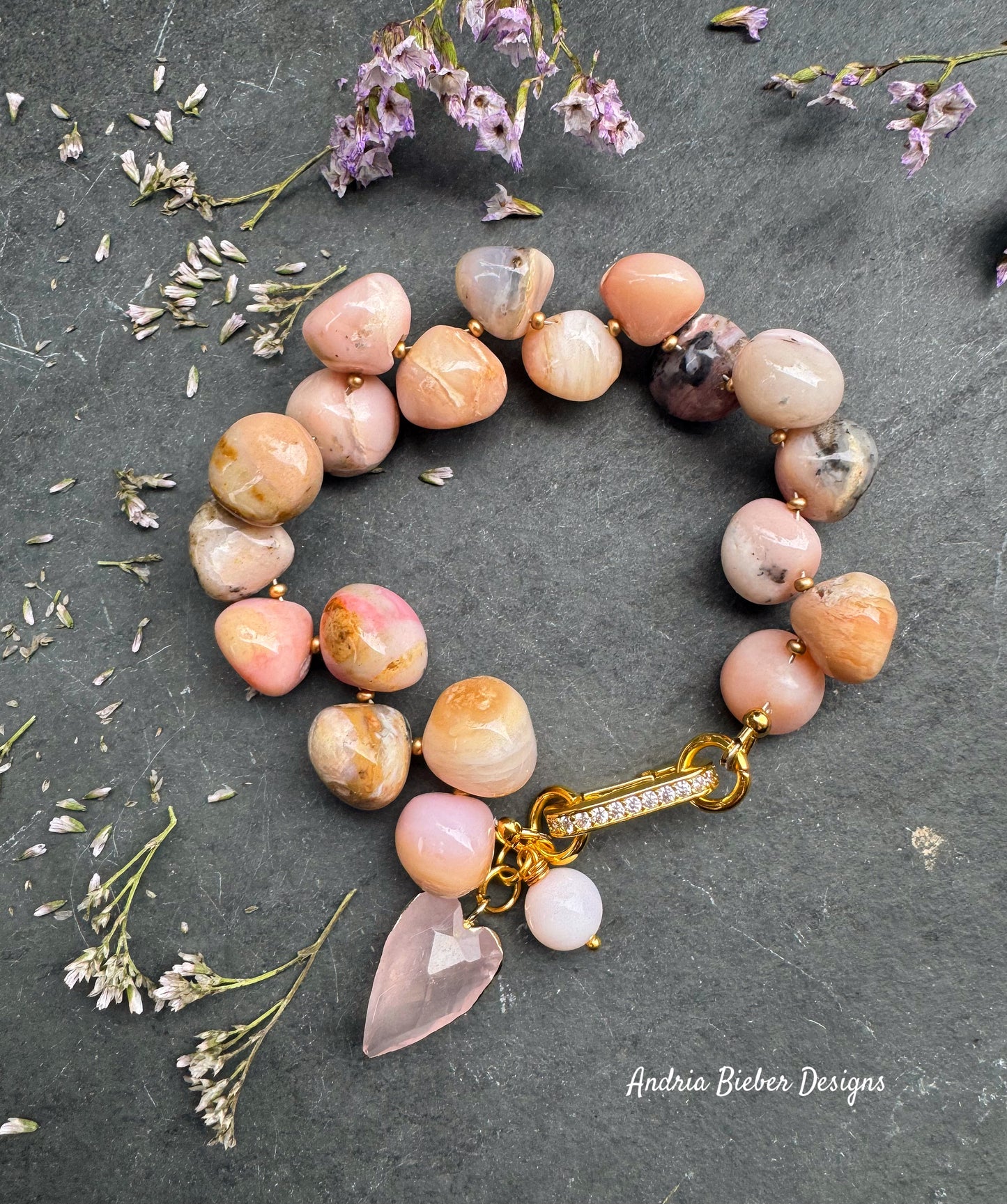 Pink opal stone, rhinestone gold clasp, rose quartz, bracelet.
