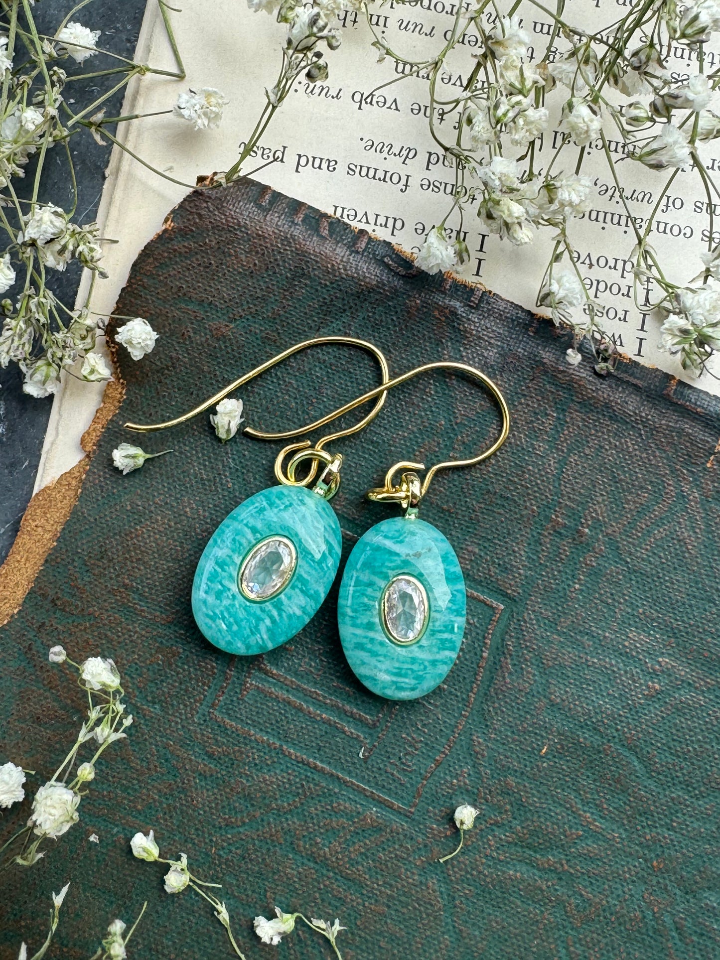 Amazonite, crystal, gold metal, drop necklace and earrings set