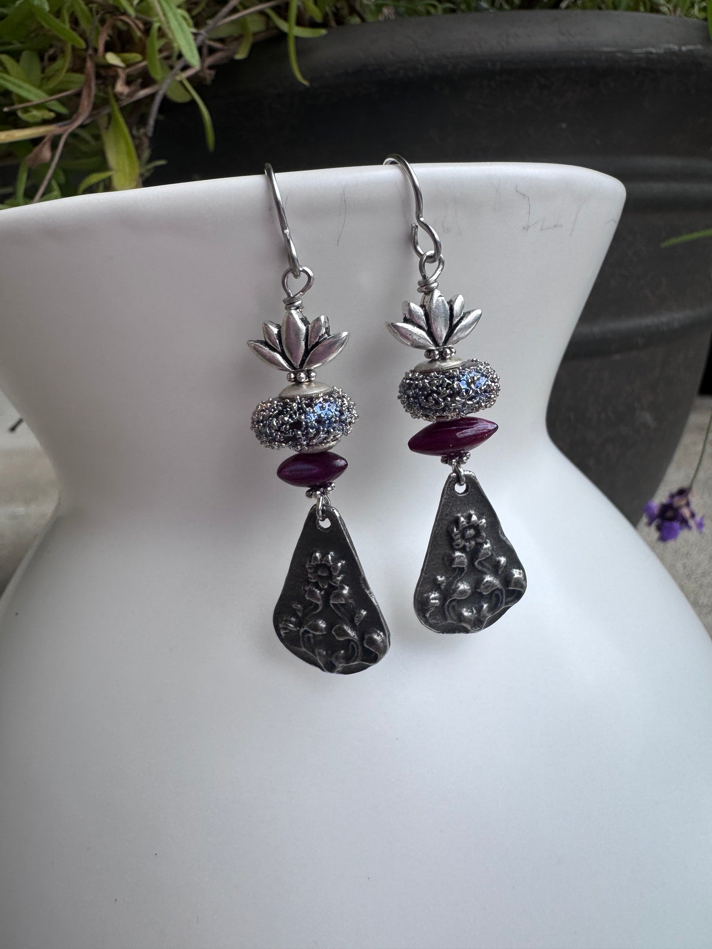 Handmade lampwork glass, silver pewter flower charm, shell, earrings