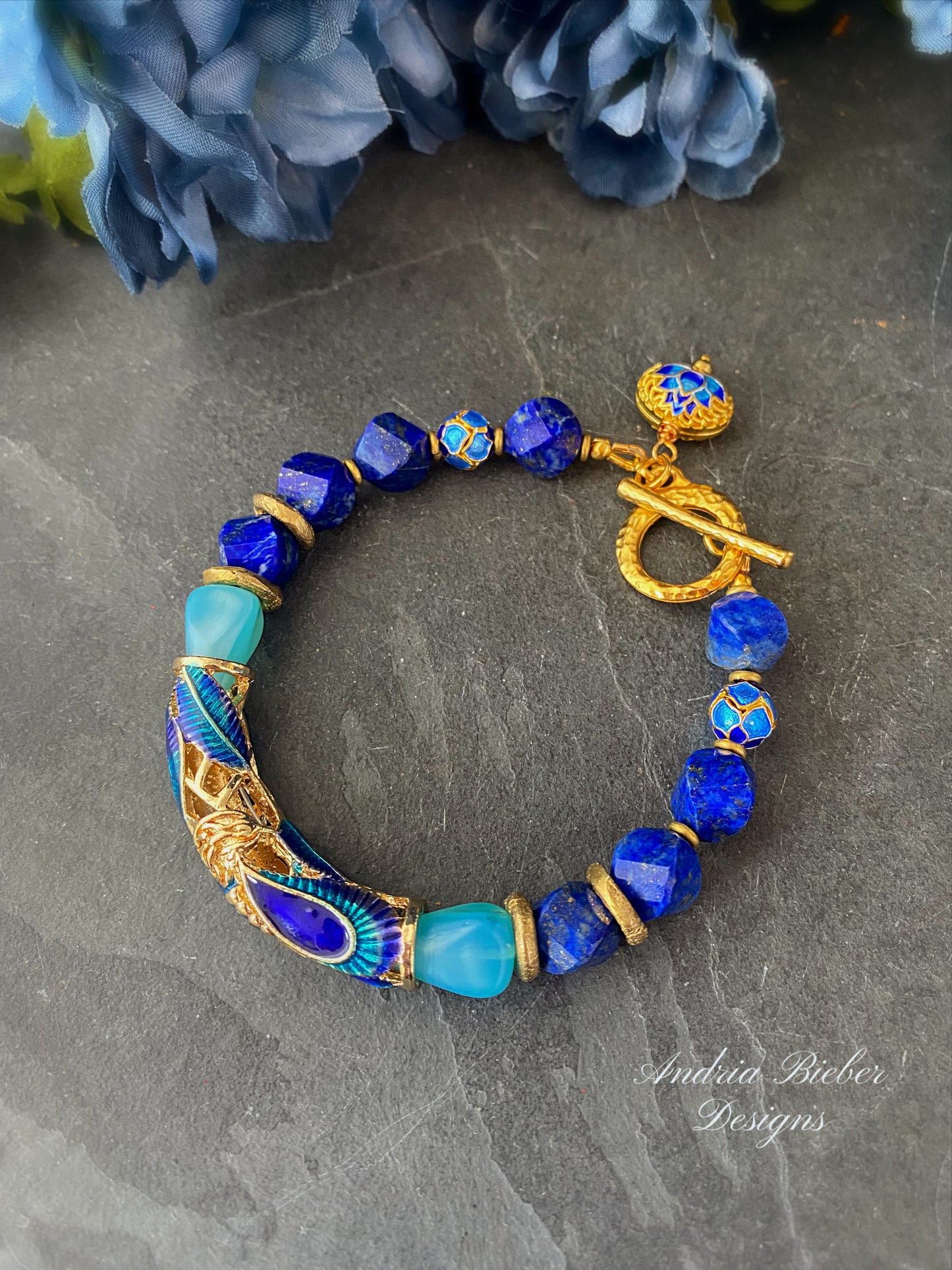 Peacock bracelet. Lapis lazuli stone,  enamel cuff, czech glass, bracelet, jewelry
