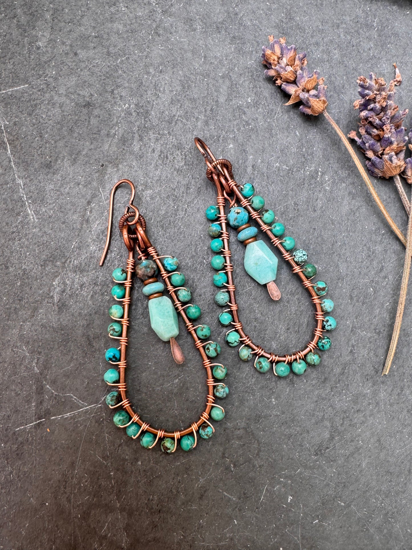 Turquoise, Amazonite stone, copper metal, earrings