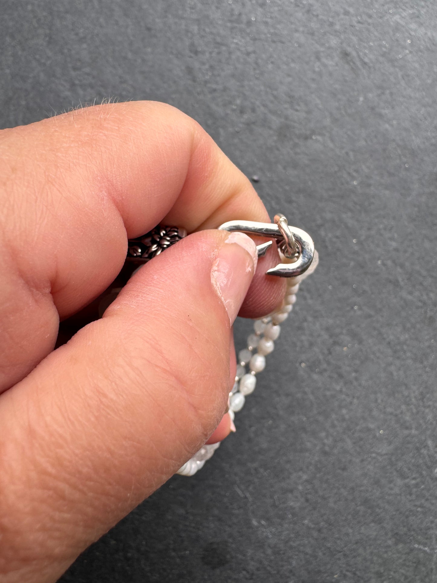 Pearls, moonstone gemstone,handmade lampwork glass, silver metal, bracelet, jewelry.