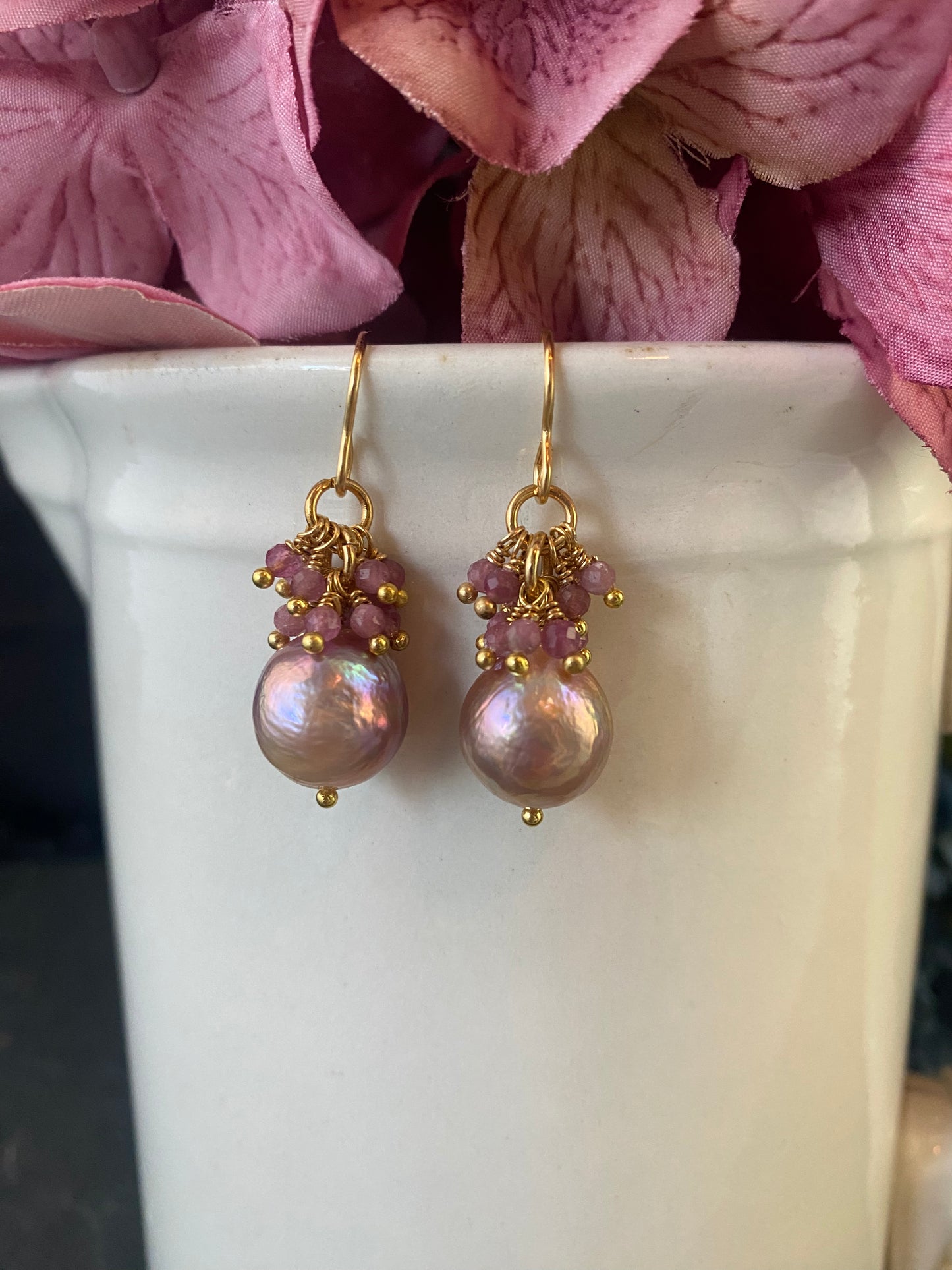 Pink baroque pearls and pink tourmaline stone earrings. MTO.