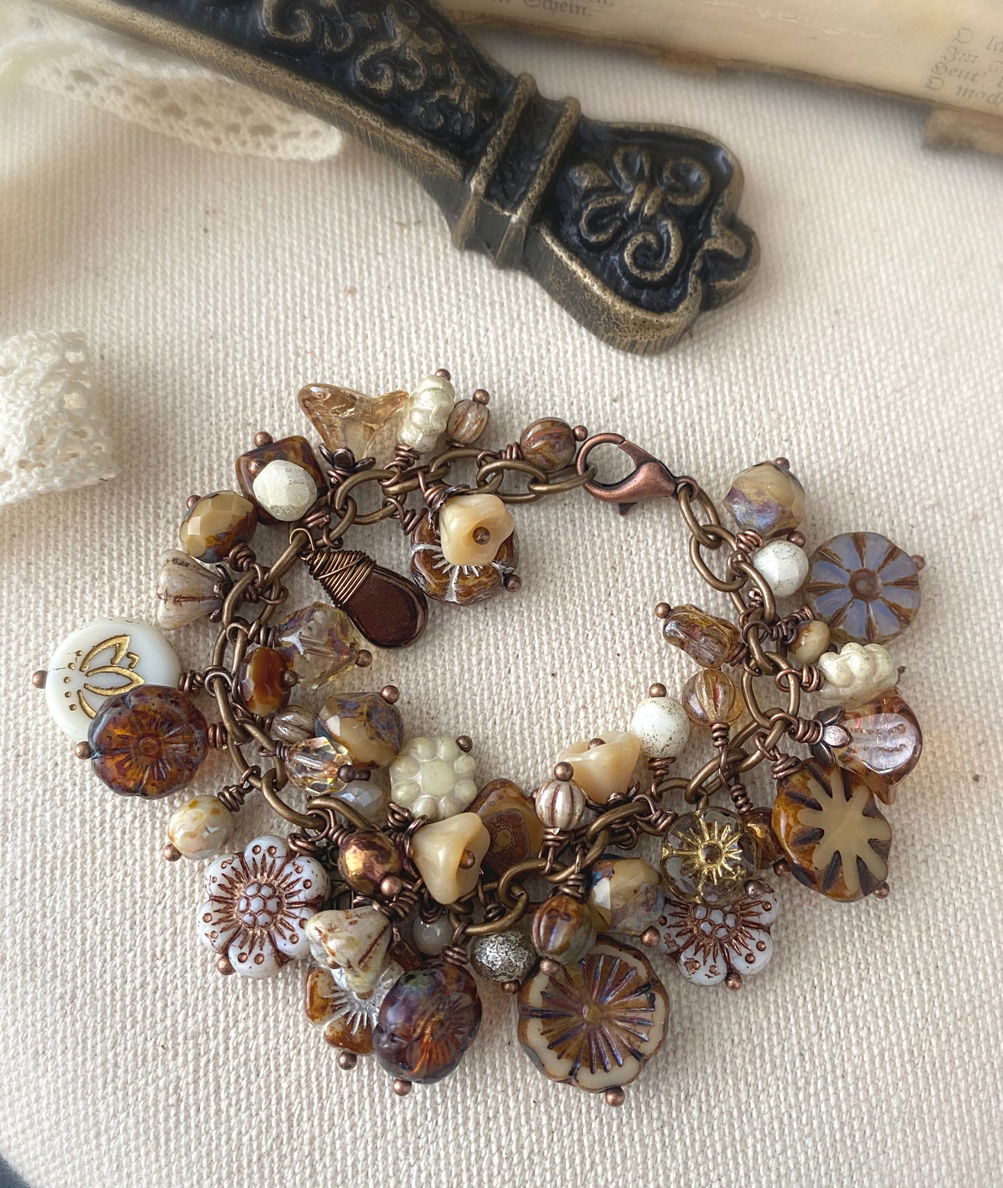 MTO. Brown and cream petals. Mixed gemstone, Czech glass, bronze metal bracelet. - Andria Bieber Designs