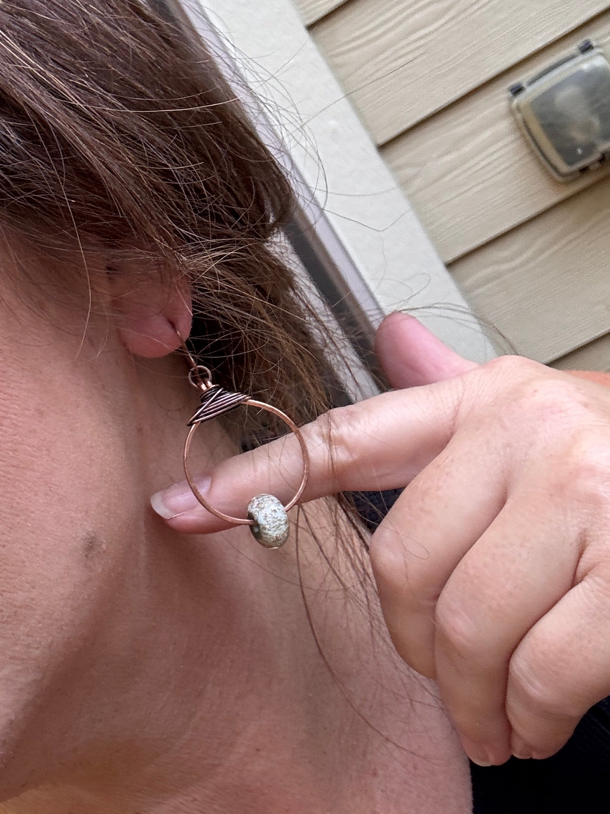 Green and copper sparkle, Handmade lamp work Glass, copper metal hoop earrings.