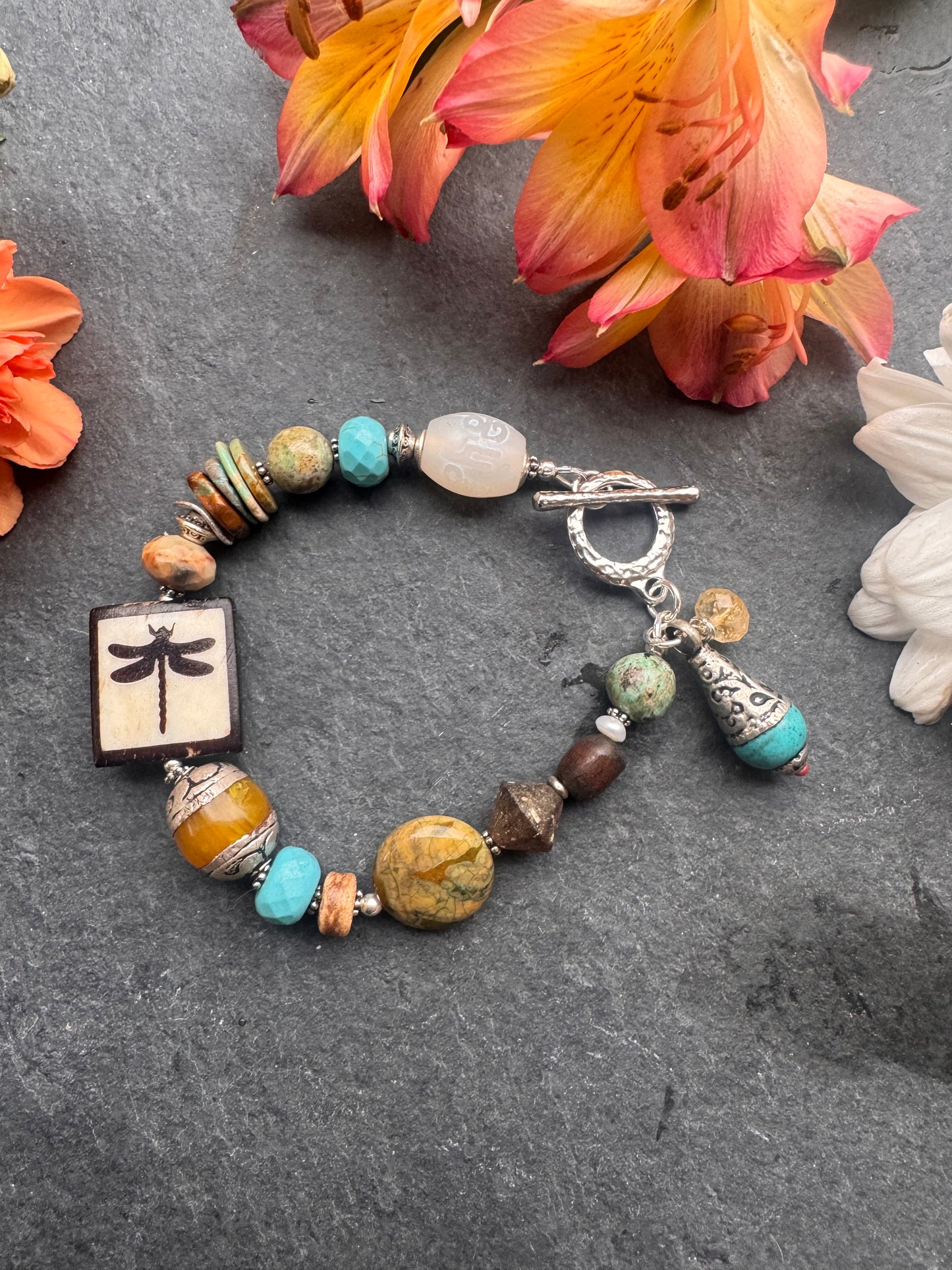 Turquoise, agate, green opal, Roman glass, czech glass, silver metal, bracelet