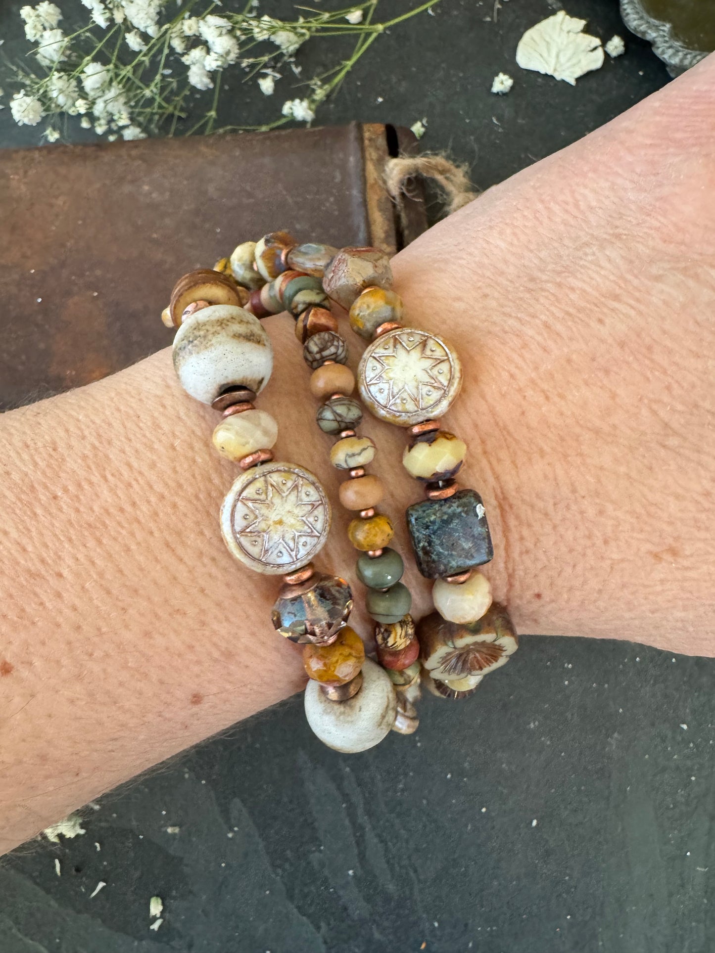 Jasper, crazy lace agate, ceramic,copper metal, bracelet.