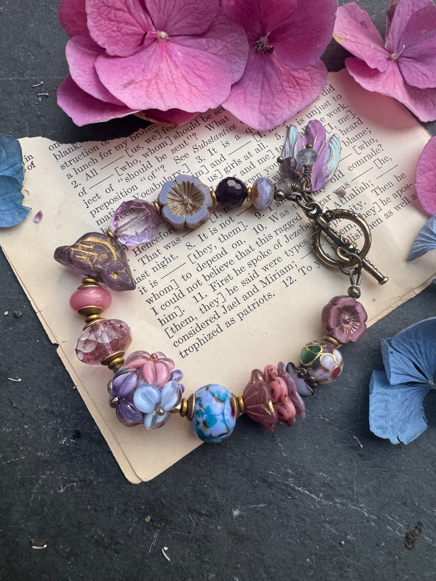 Handmade flower lampwork glass, Czech glass, ceramic, brass metal.