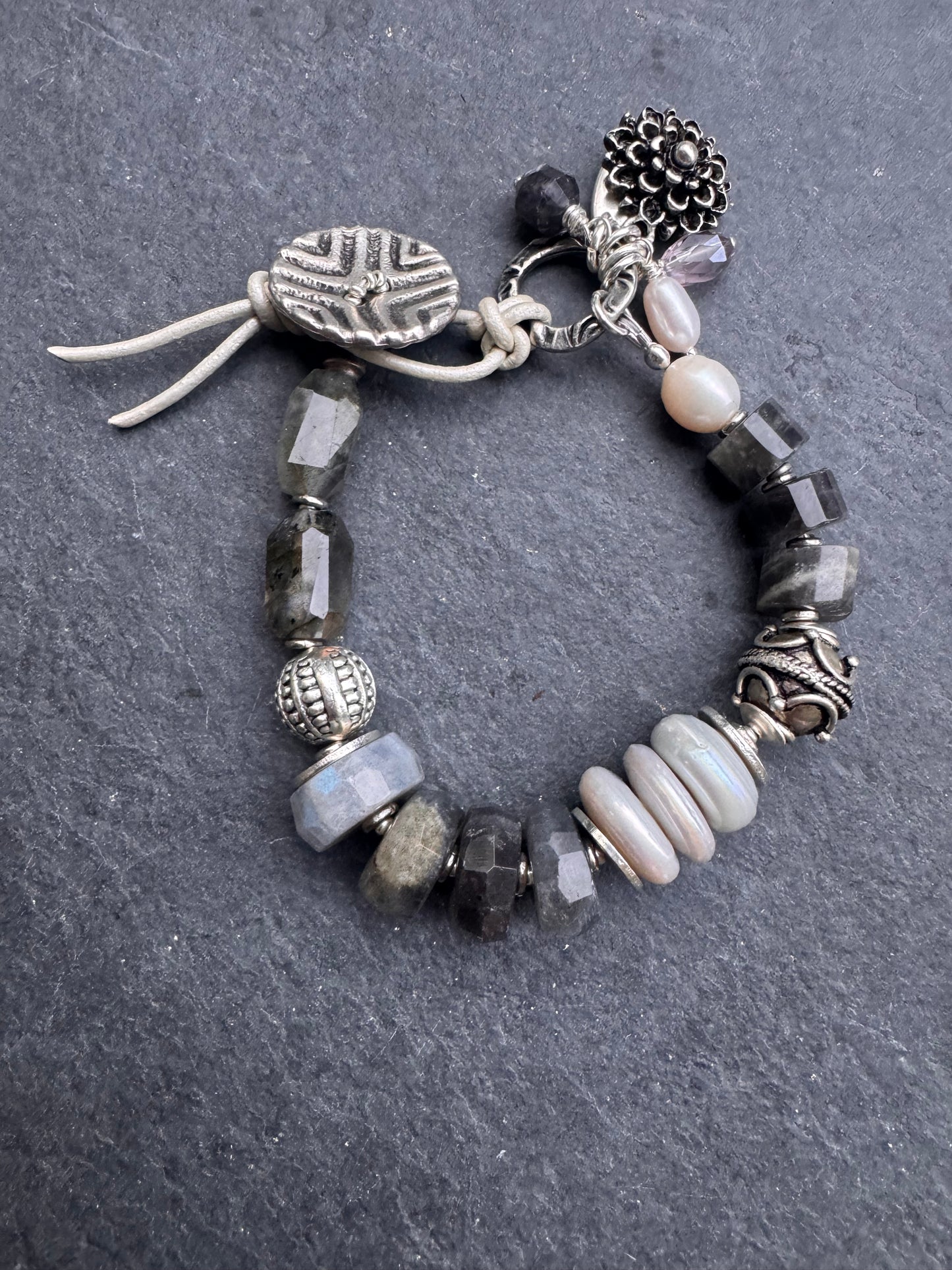 labradorite, pearls, silver metal, button, bracelet