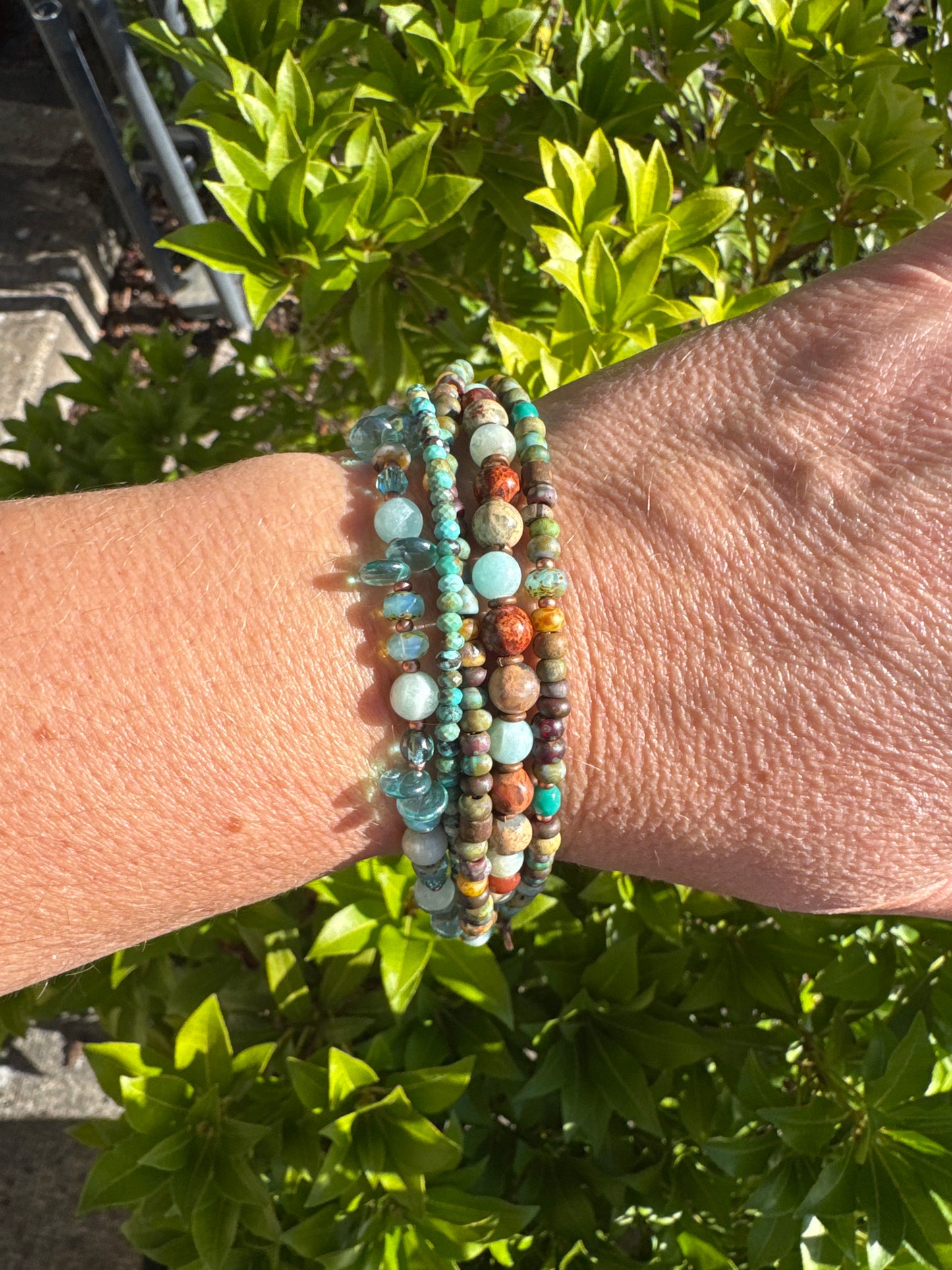 Amazonite, huebei turquoise, Czech glass, jasper, copper metal, bracelet