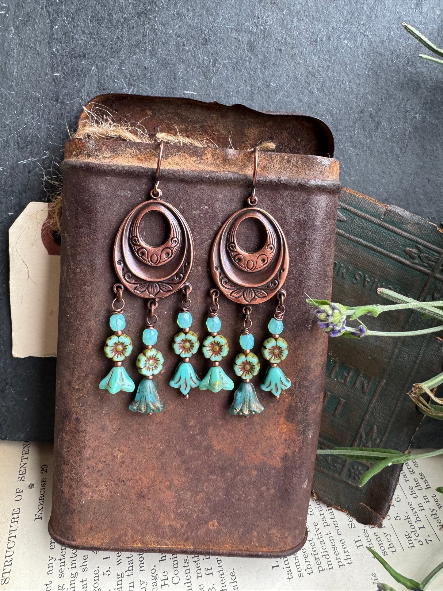 Floral copper detailed charms, Czech glass, copper earrings