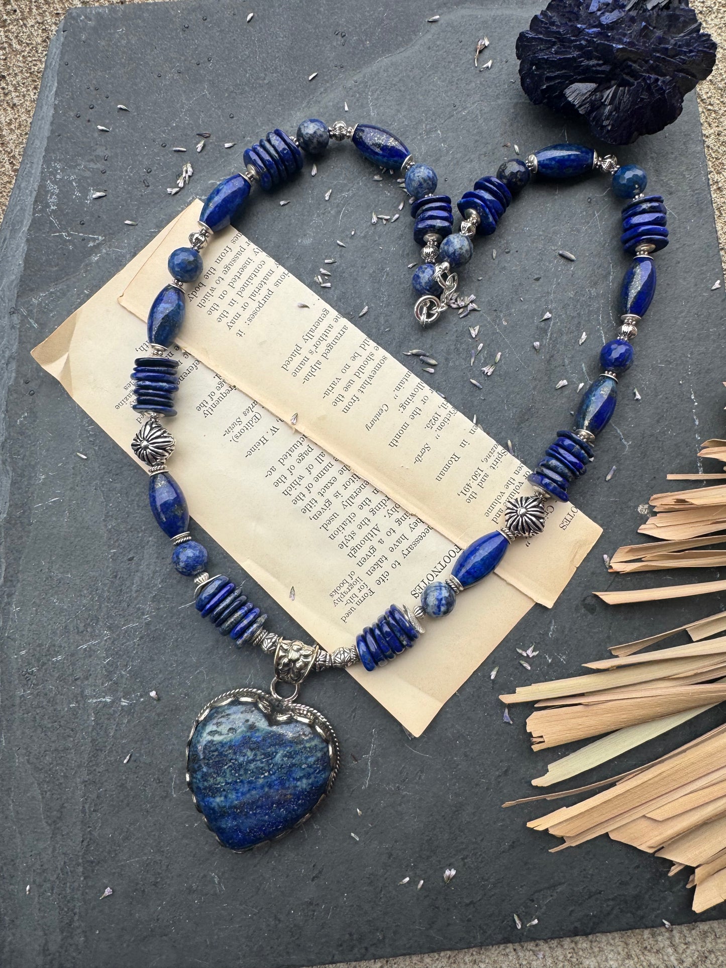 Lapis lazuli stone, lapis stone heart shaped pendant, silver metal. Chunky necklace. MTO.