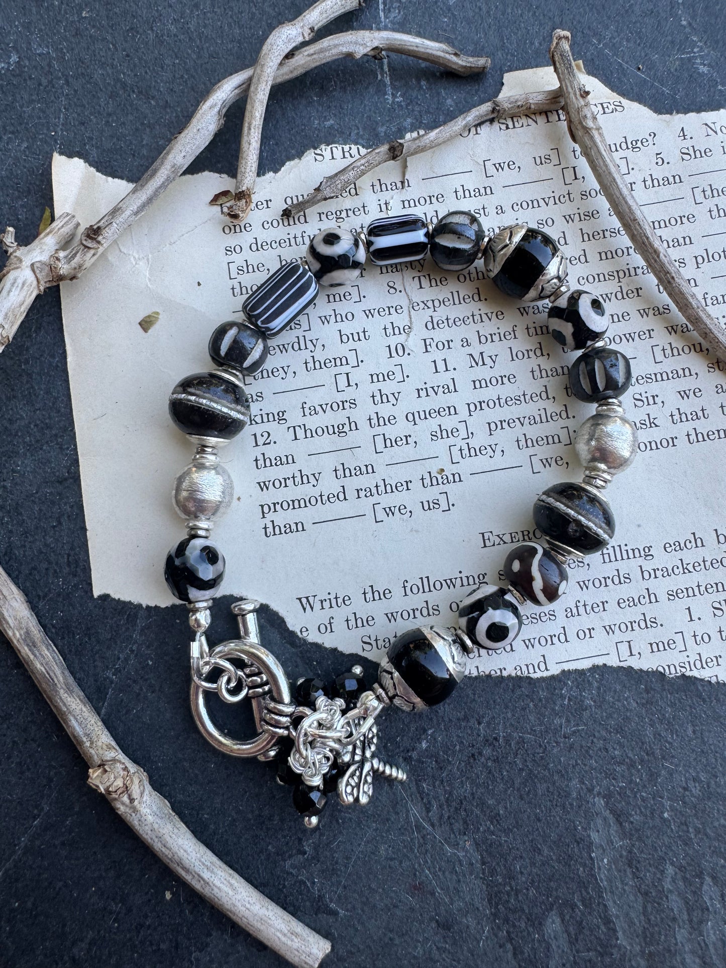 Black and white stone, African beads, wood, and silver metal, bracelet, jewelry