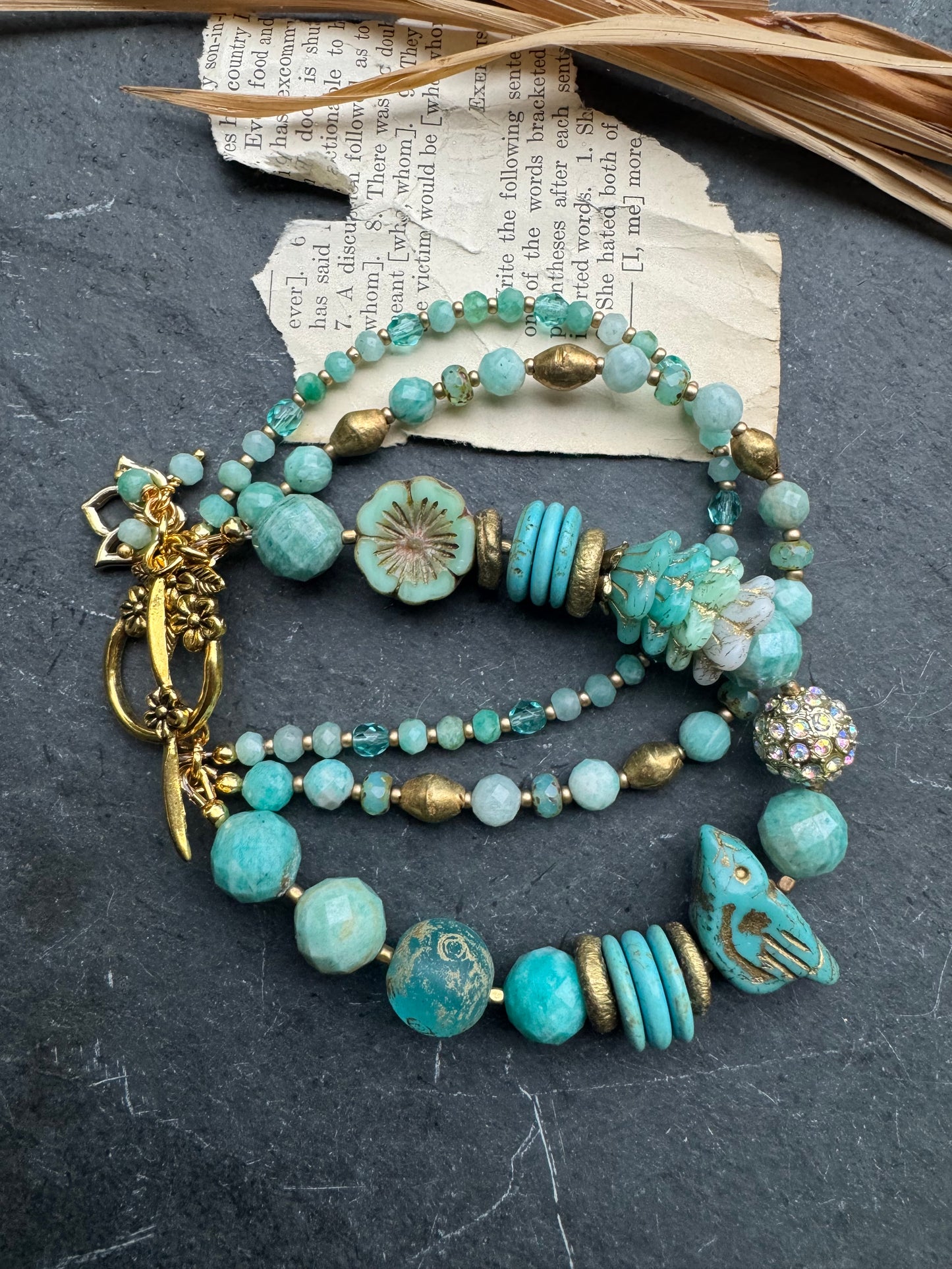Turquoise (mag) stone, czech glass, Amazonite, African brass, bracelet