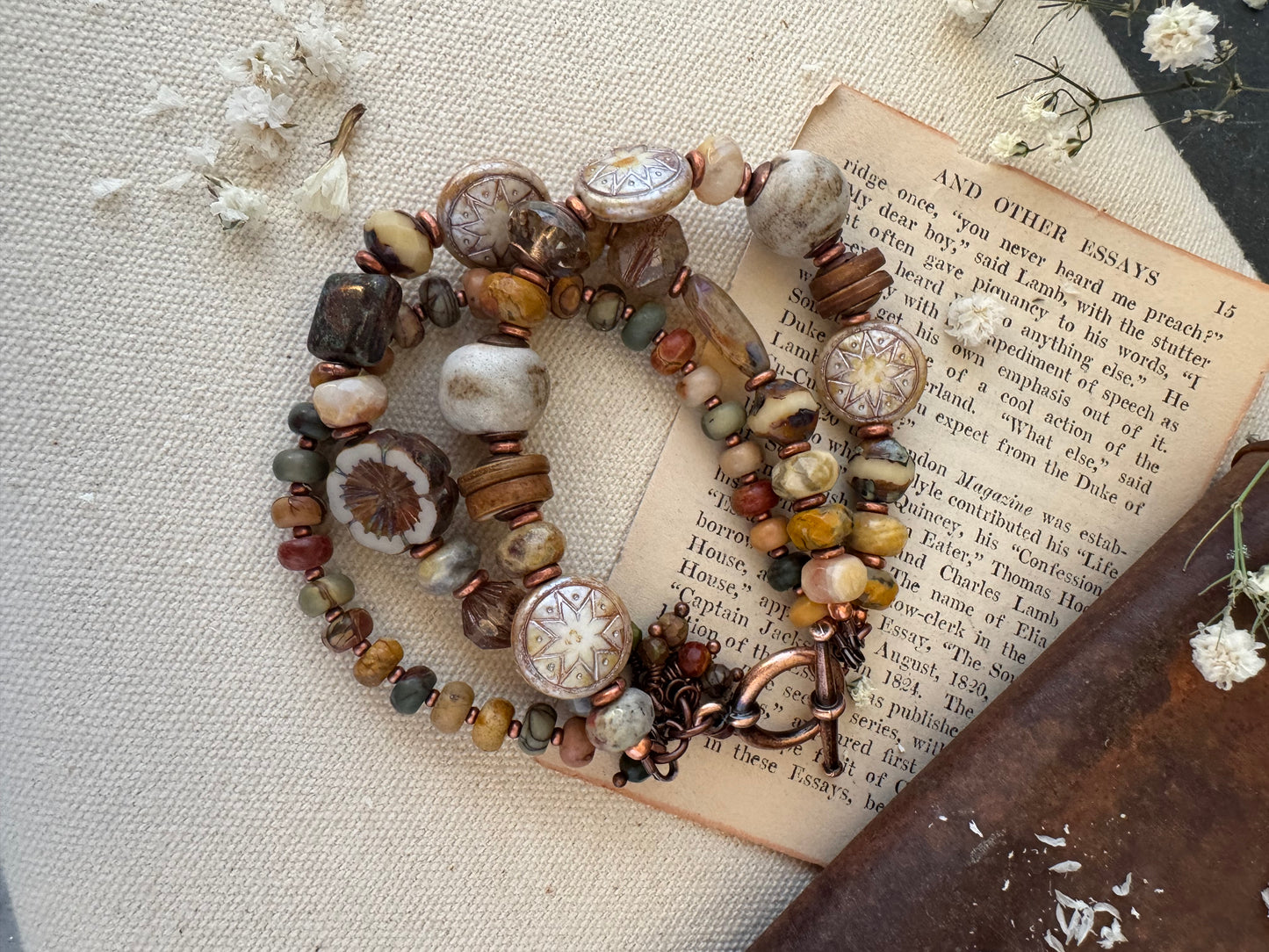 Jasper, crazy lace agate, ceramic,copper metal, bracelet.