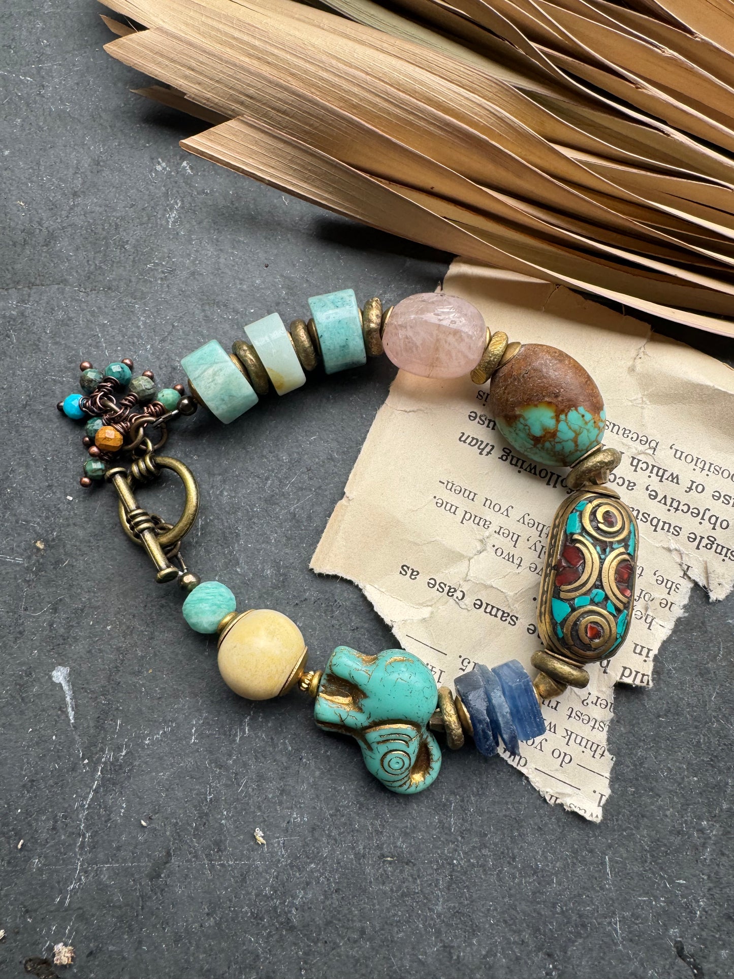 Kingman turquoise, Czech glass, kyanite, rose quartz, Amazonite, ceramic, African brass, Indonesian bead, bracelet