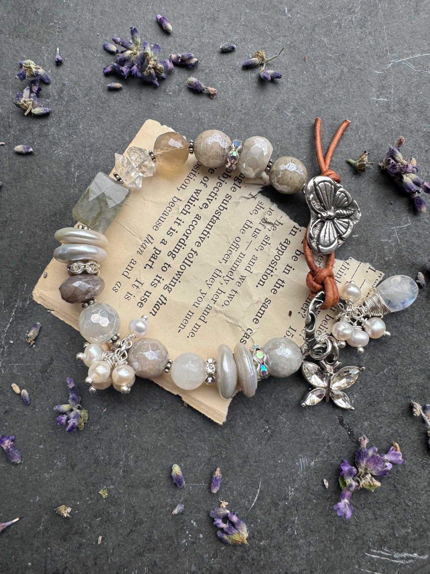 Labradorite, Herkimer diamonds, pearls, moonstone and button butterfly clasp.