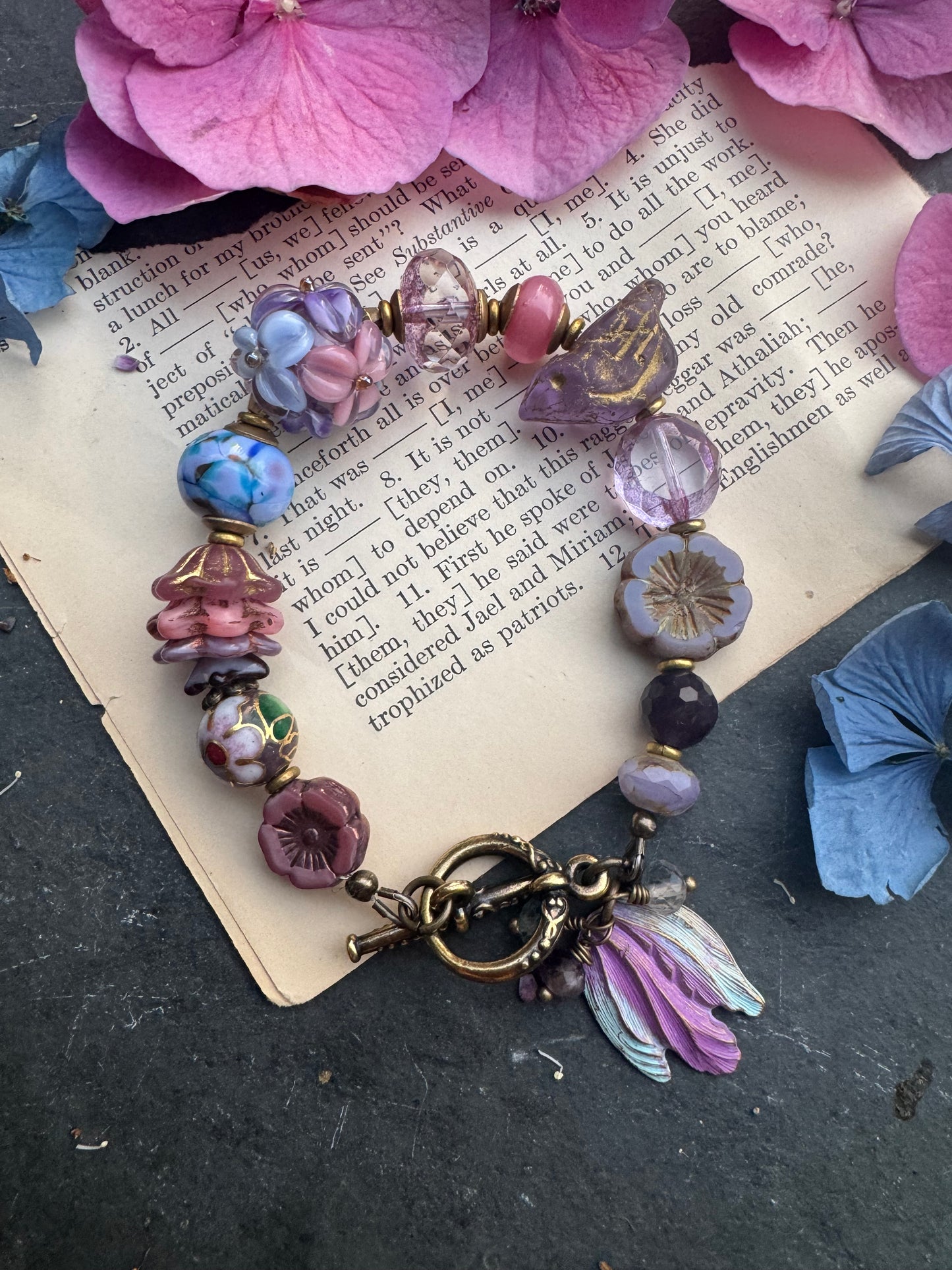 Handmade flower lampwork glass, Czech glass, ceramic, brass metal.