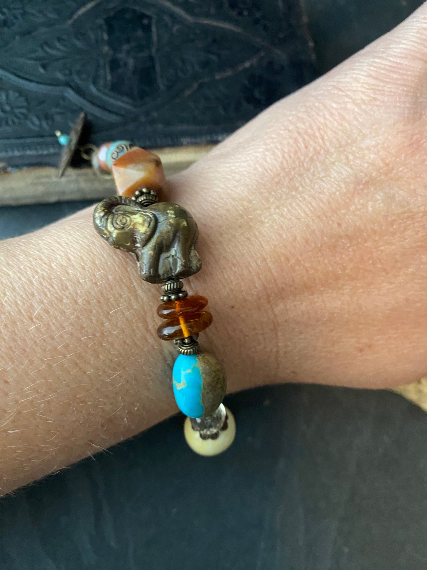 Turquoise, amber, citrine, ceramic, elephant czech glass, bronze metal, bracelet, jewelry