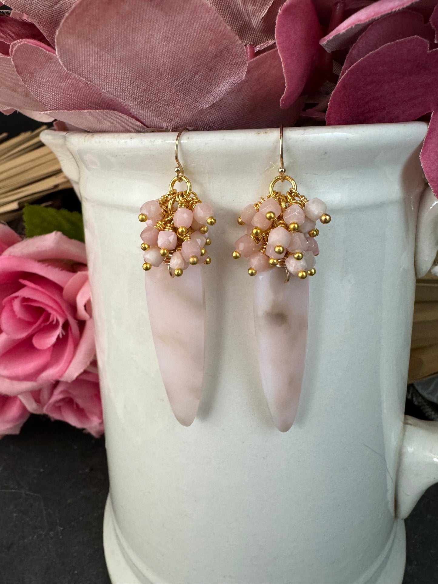 Pink opal stone, 10k gold metal, earrings