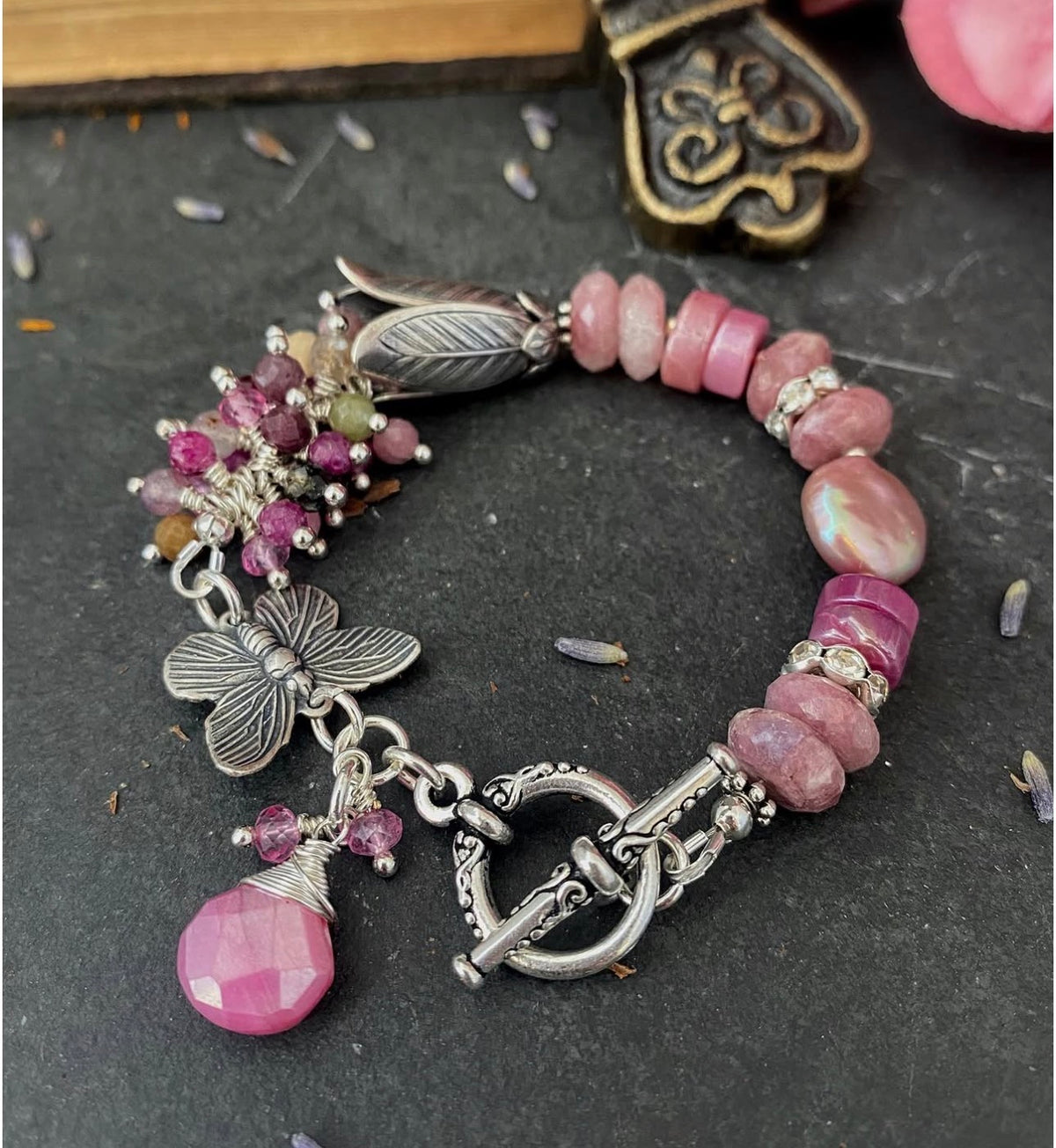 Pink butterfly. Pink moonstone, watermelon and pink tourmaline, pearl, silver metal, bracelet
