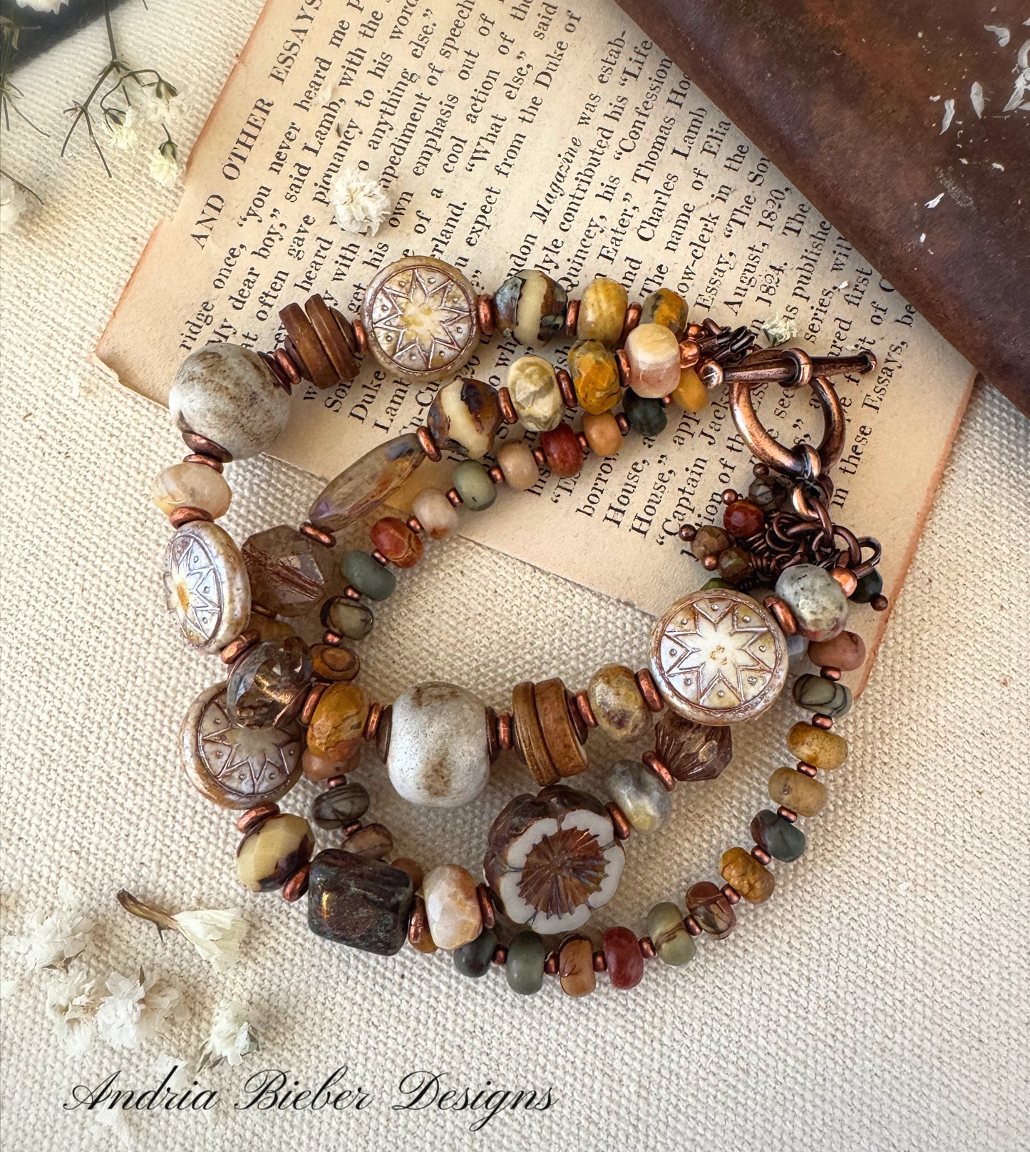 Jasper, crazy lace agate, ceramic,copper metal, bracelet.