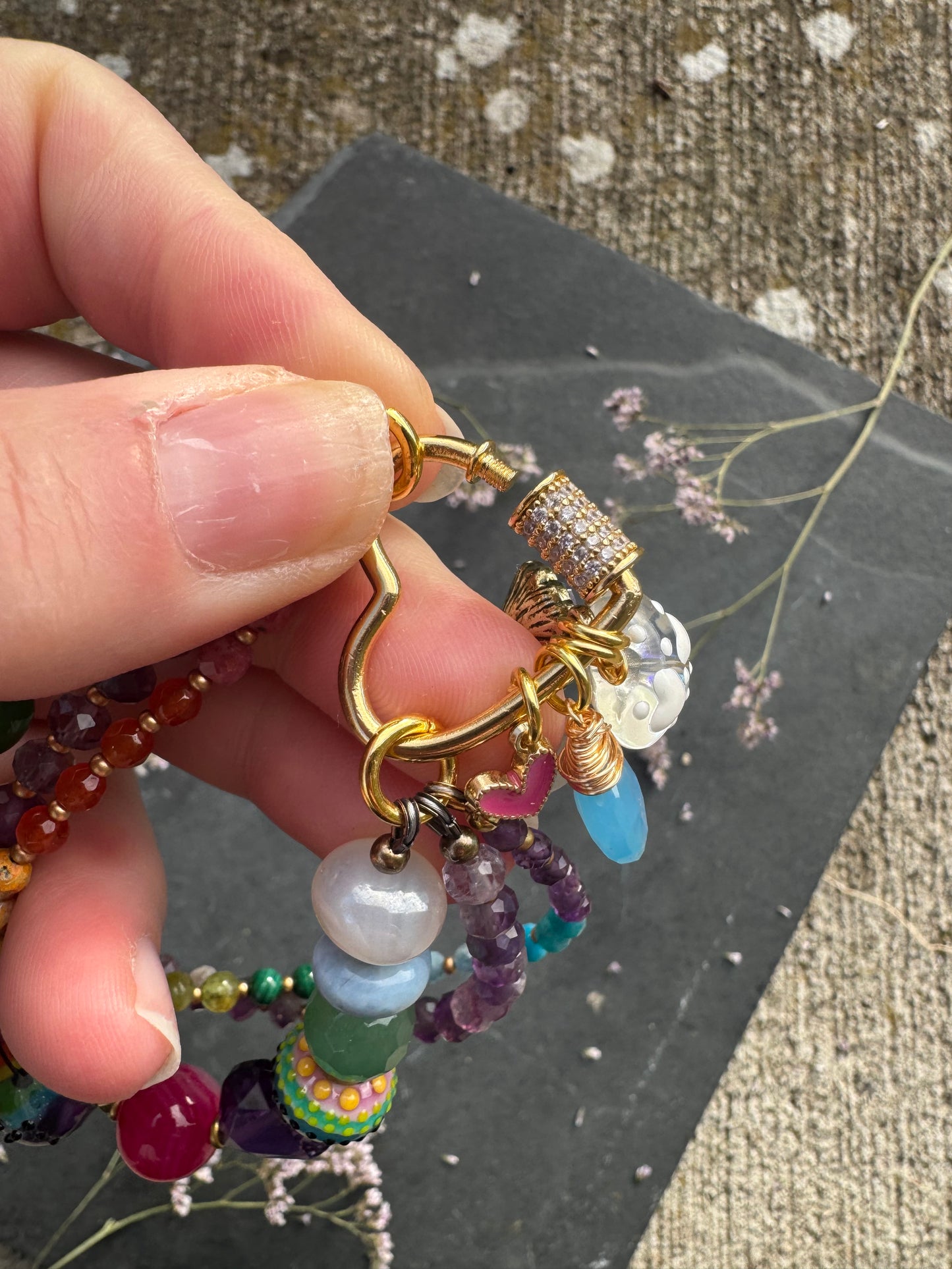 Rainbow. Mixed gemstone, lampwork glass, rhinestone clasp.