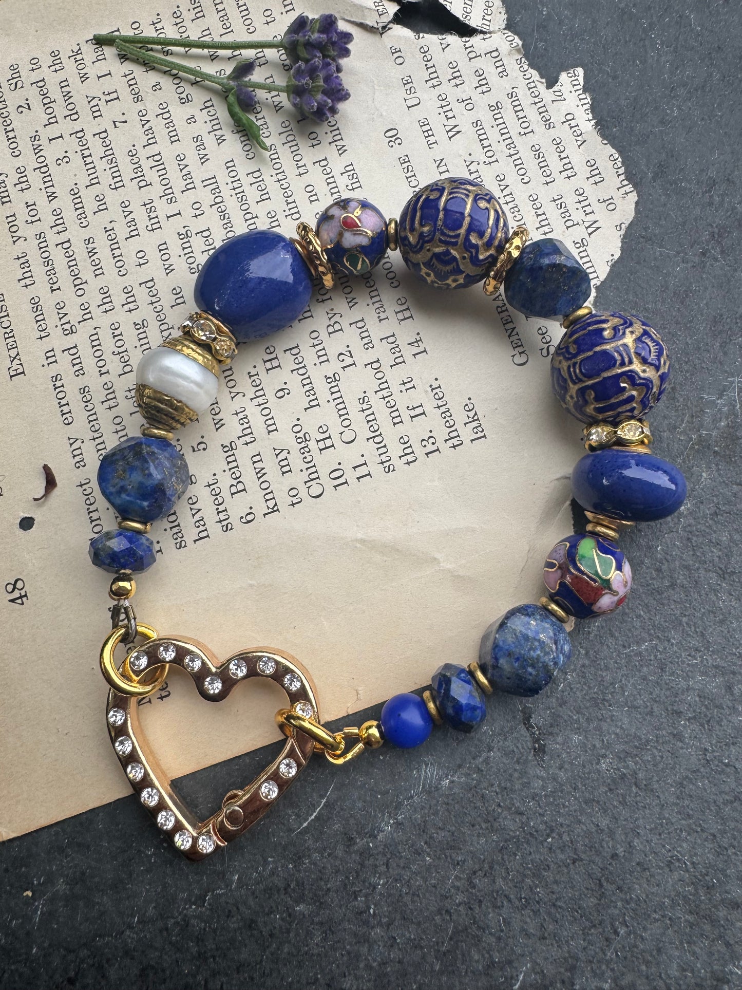 Lapis lazuli stone, ceramic, Cloisonné, pearls, gold metal, bracelet, carabiner clasp