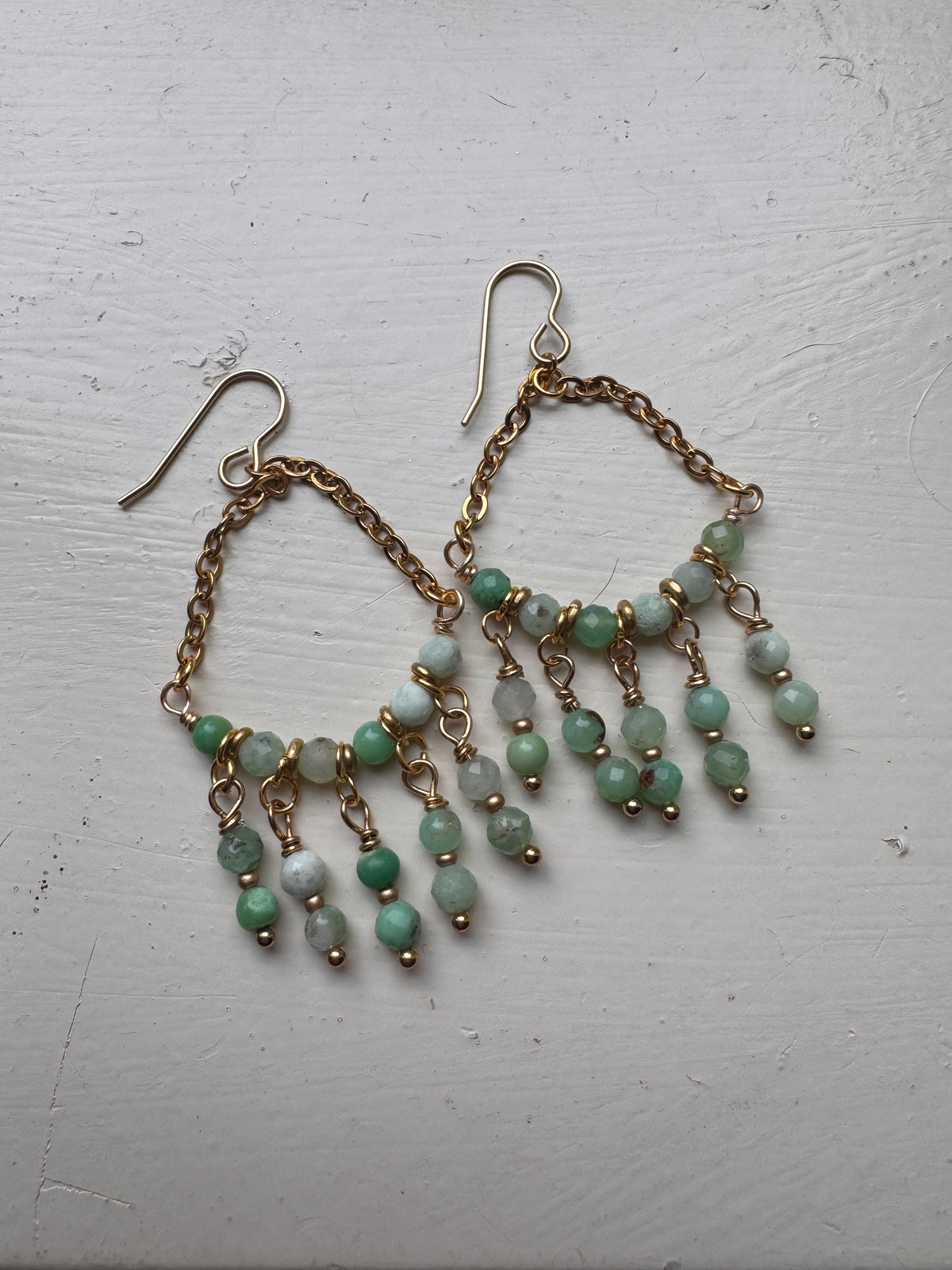 Chrysoprase stone, gold metal, chandelier earrings
