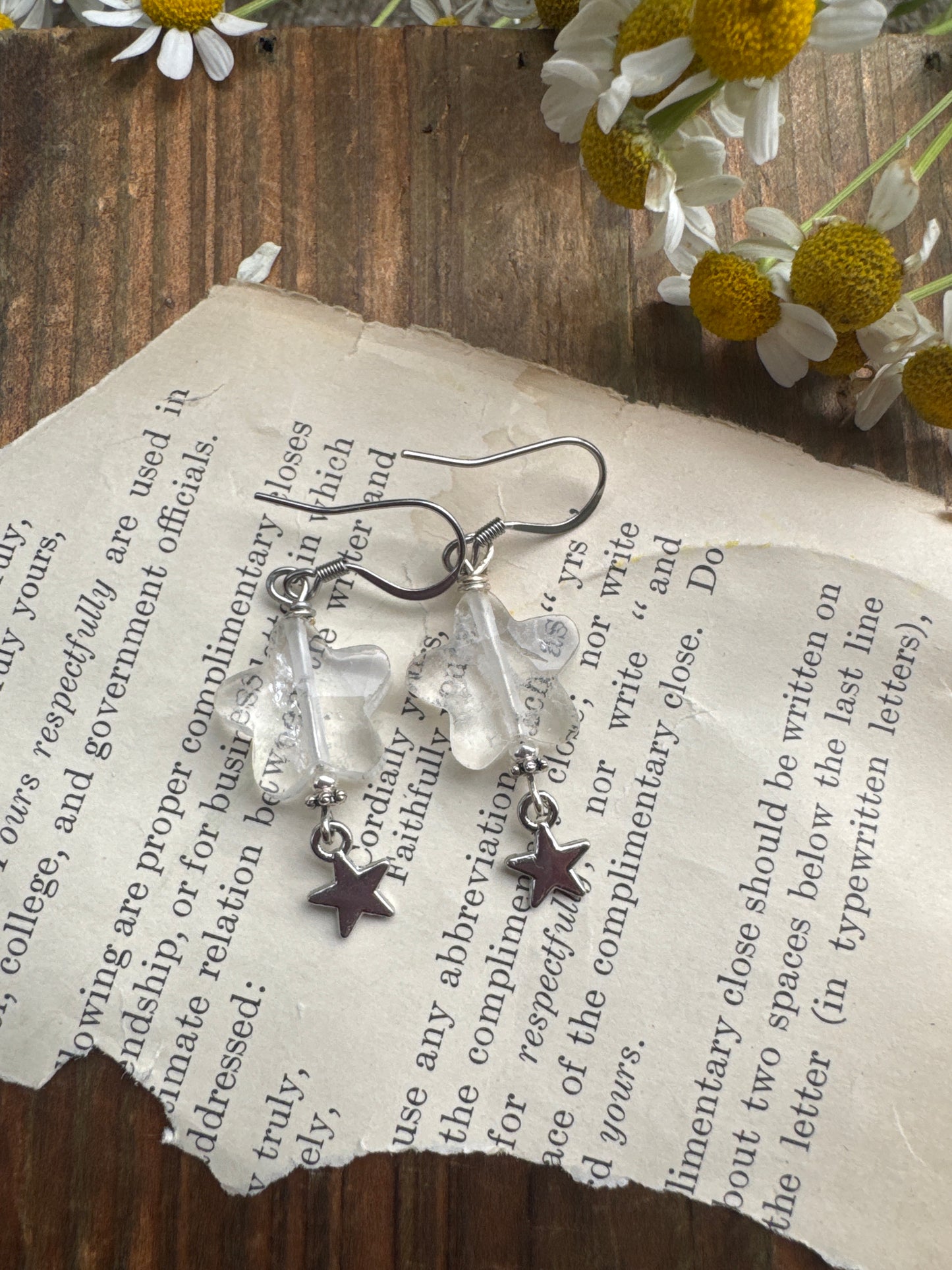 Clear quartz star shape stone, silver metal, earrings