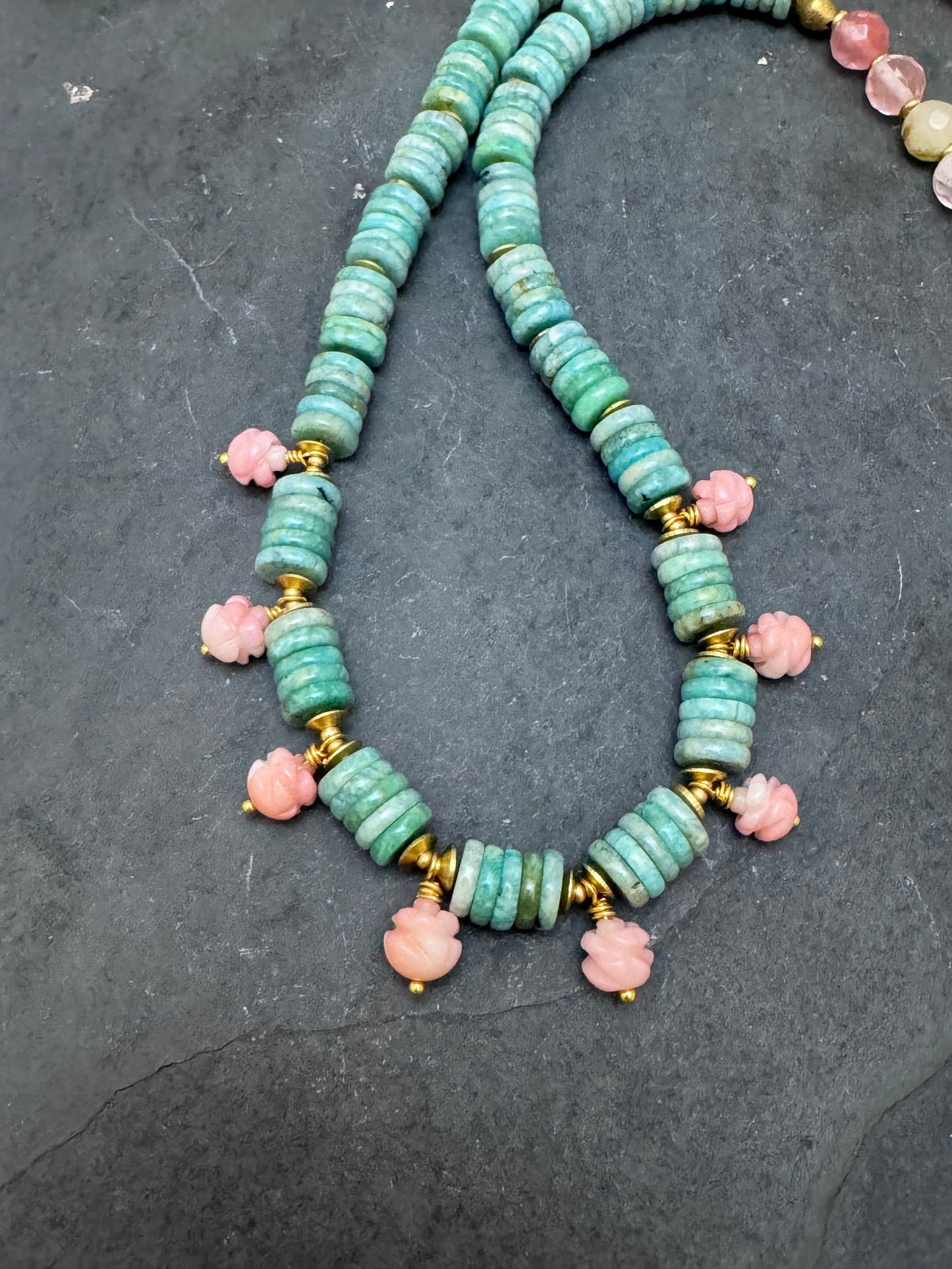 Natural Sea Blue Peruvian Amazonite stone, pink opal carved flowers, agate, brass metal, Necklace (vintage beads)