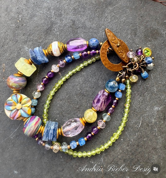 kyanite stone, amethyst stone, citrine, fluorite stone, blue opal and brass metal, bracelet