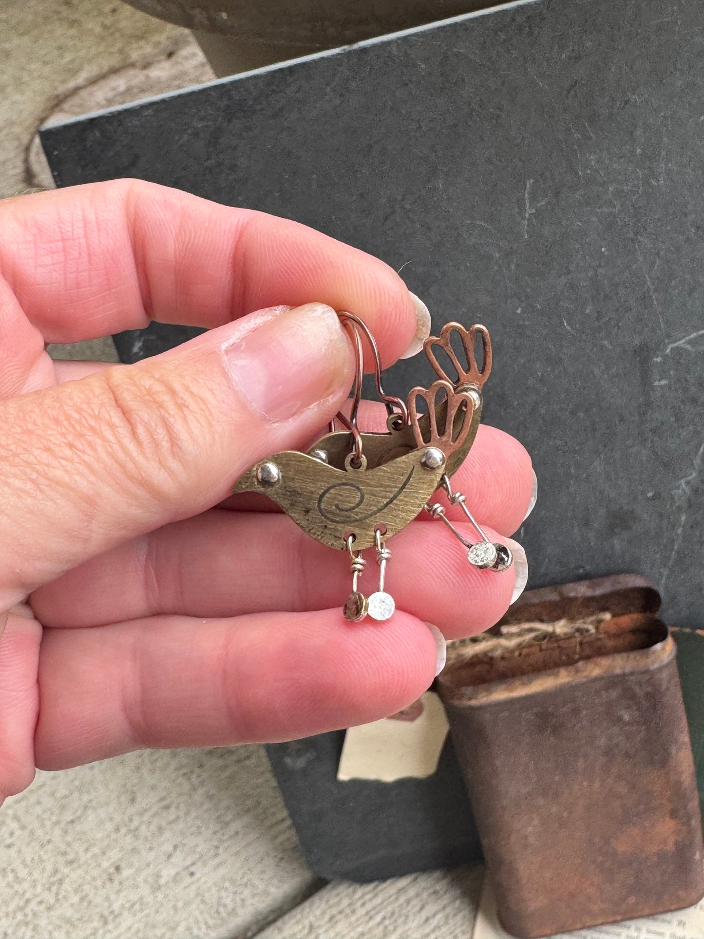 Chicken metal charm and copper metal small earrings