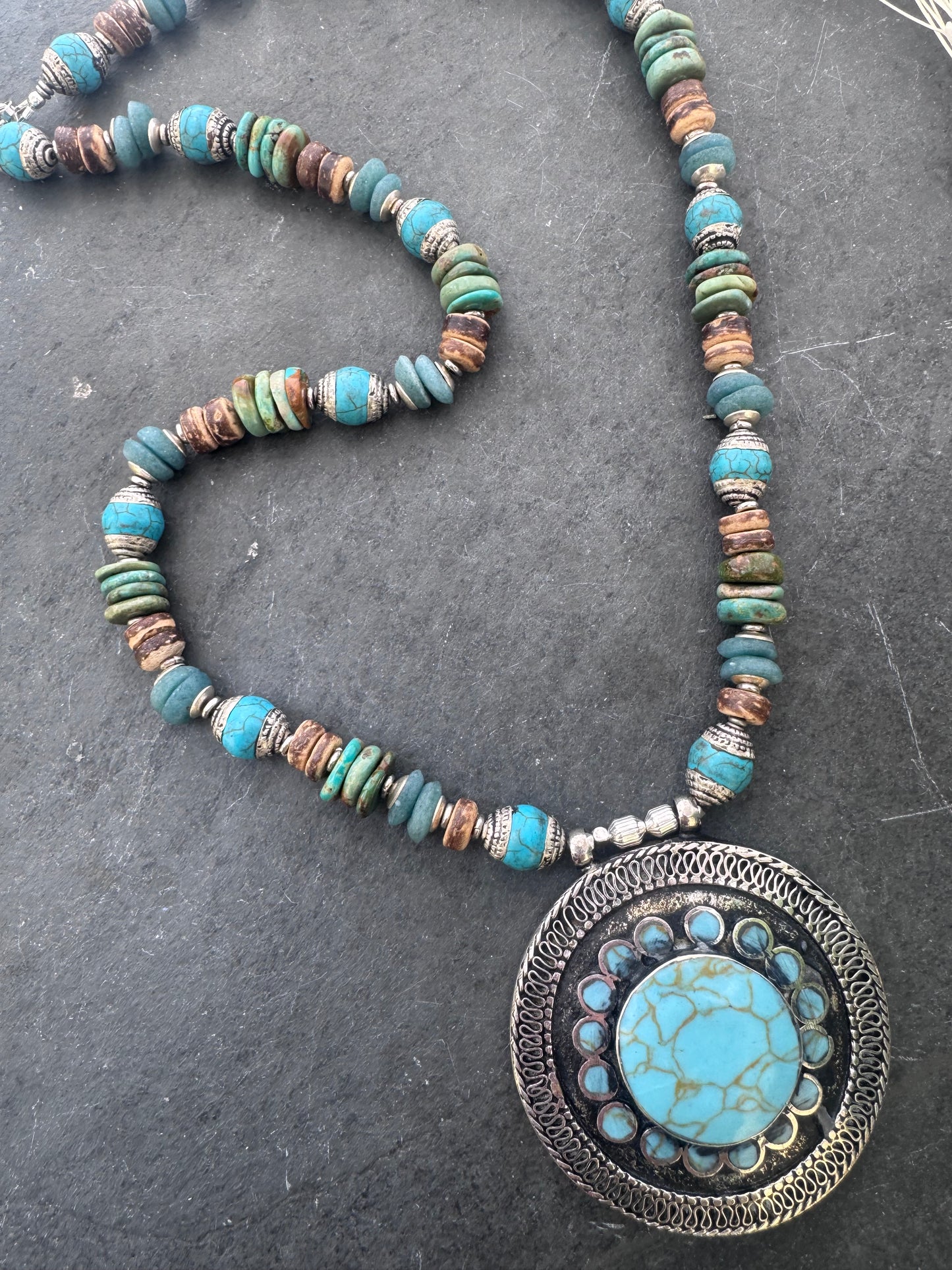 Hubei turquoise, turquoise, java glass, solver capped turquoise , wood, silver metal, necklace