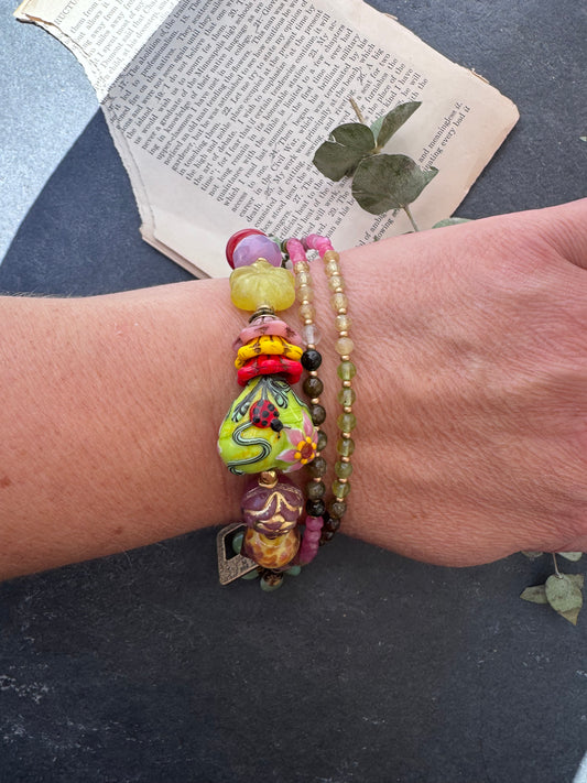 Lampwork glass,mixed stone, tourmaline, Czech glass, wood, bracelet.