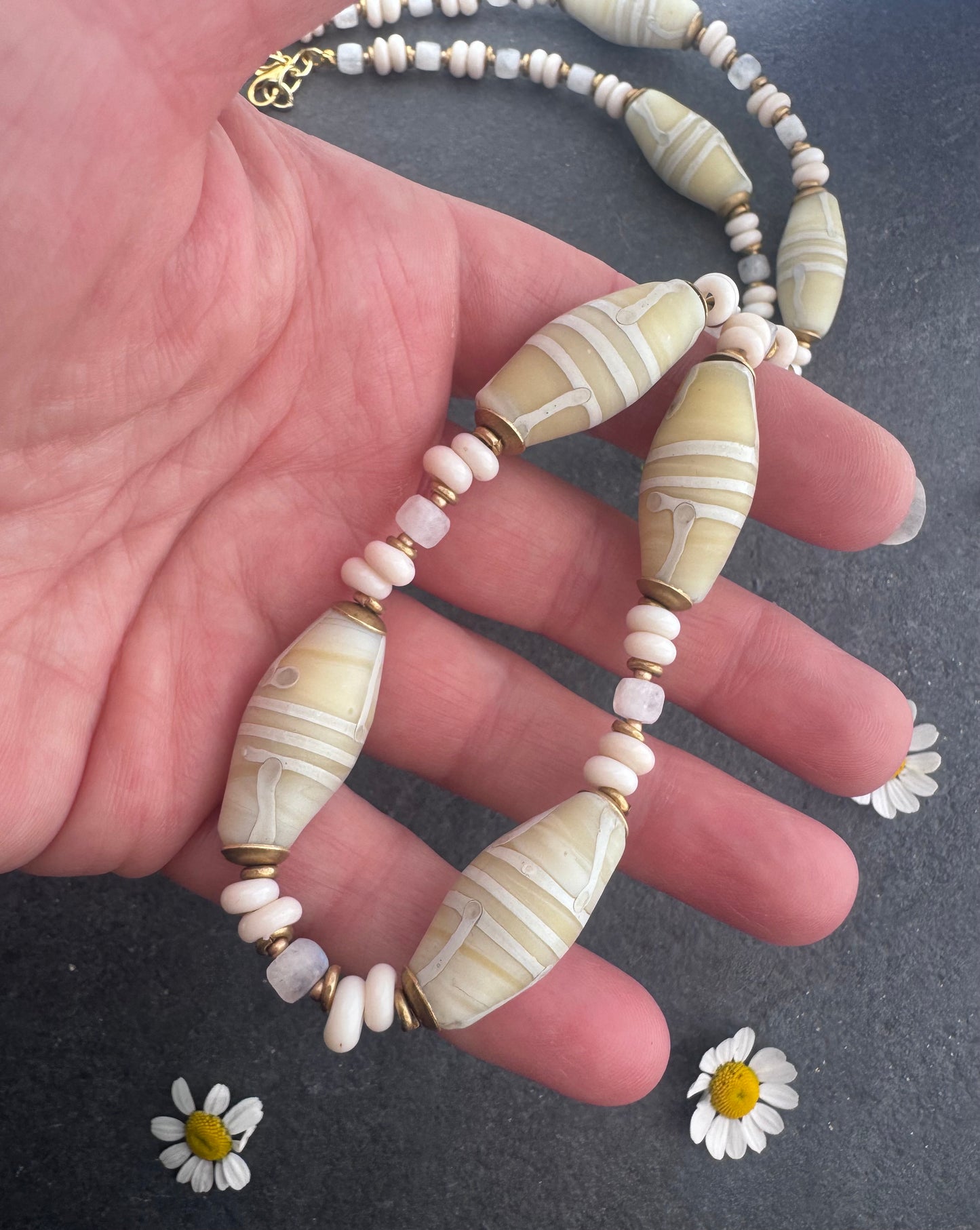 African glass, Java glass, moonstone, African brass necklace