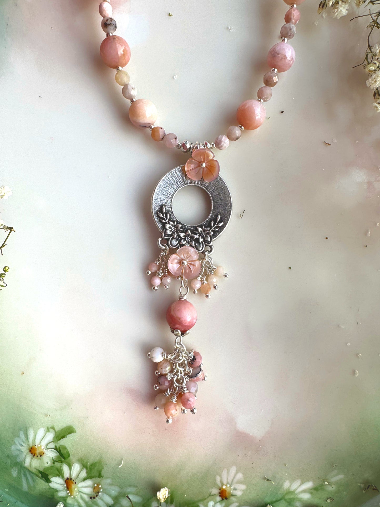Pink opal, pink shell blossoms, silver metal blossom pendant, necklace.