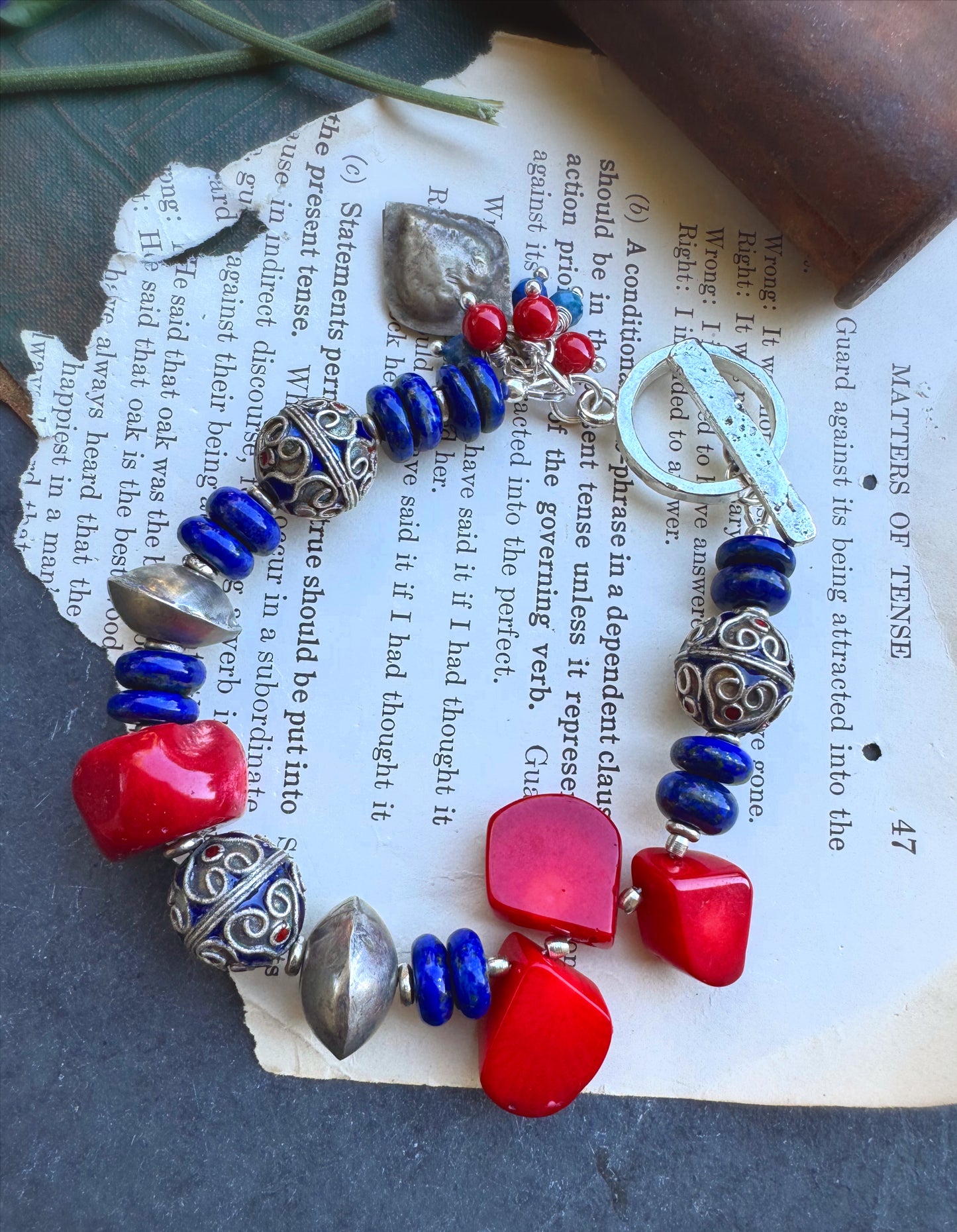 Lapis lazuli stone, red coral, silver metal, bracelet