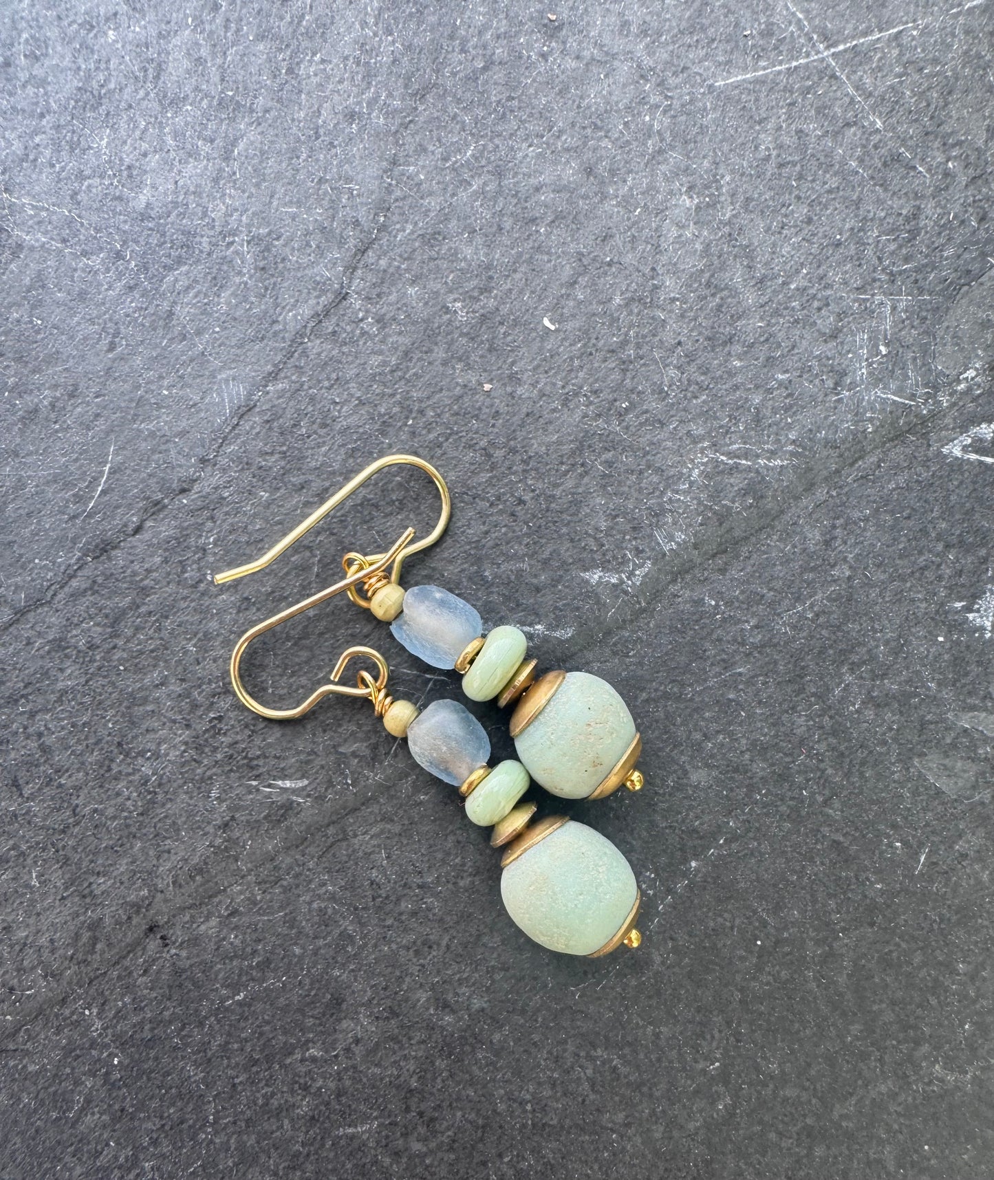 Green African java glass, brass metal, jewelry set. Necklace, earrings, bracelet