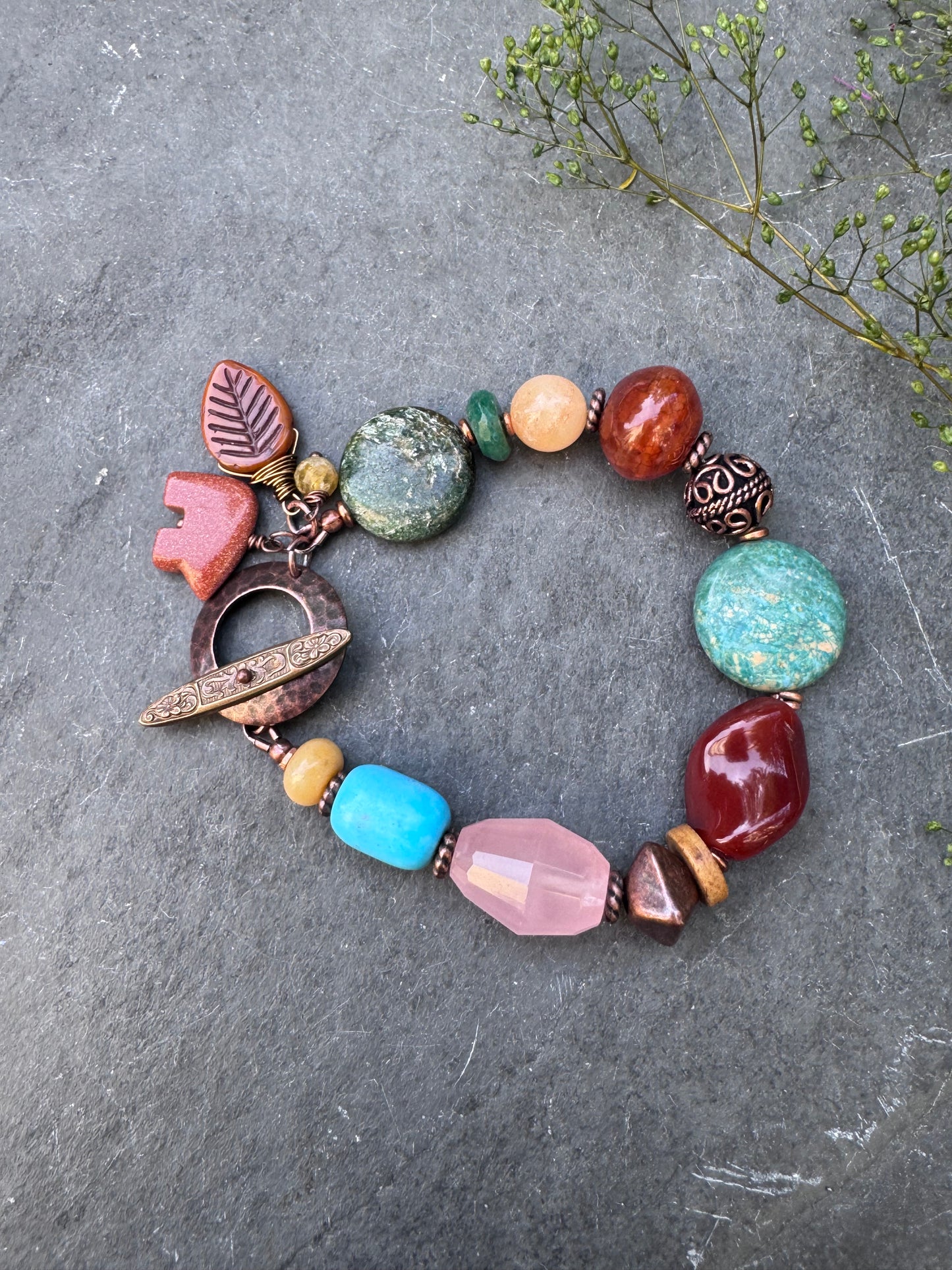 Turquoise, carnelian, agate, emerald, rose, quartz, mixed stone, copper bracelet