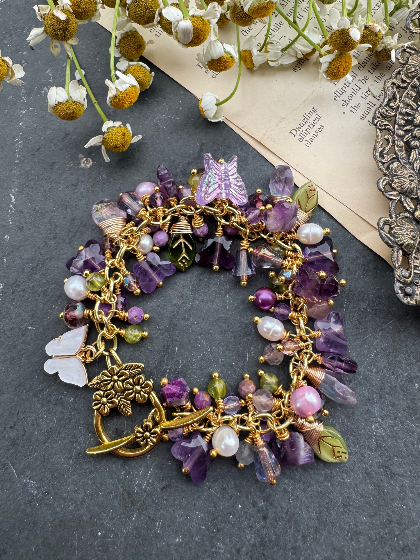 Amethyst, pearls, Czech glass, gold metal, butterfly bracelet.