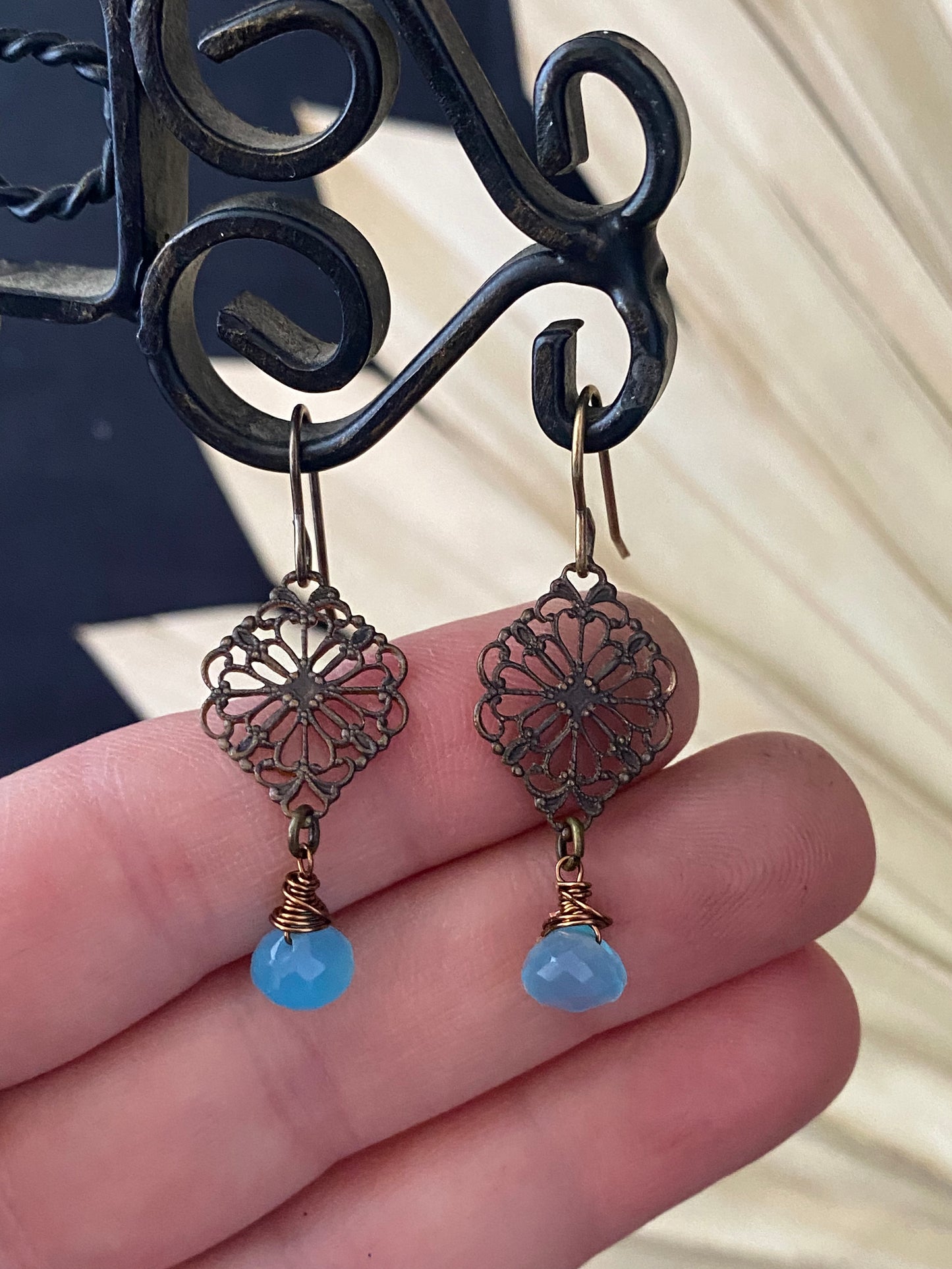 Blue chalcedony briolette drops, filigree bronze metal, earrings.