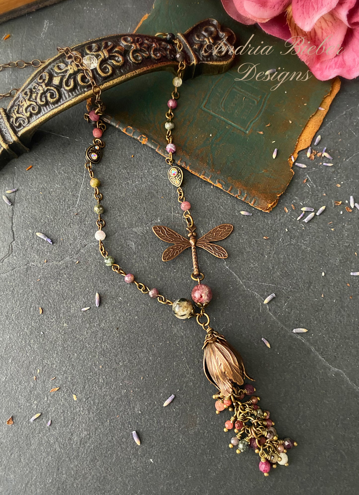 Watermelon tourmaline gemstone, dragonfly, flower, necklace, jewelry