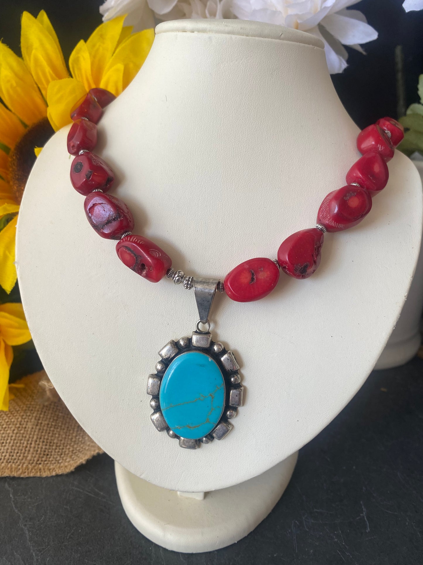 Red coral, turquoise stone, turquoise pendant, silver metal, necklace